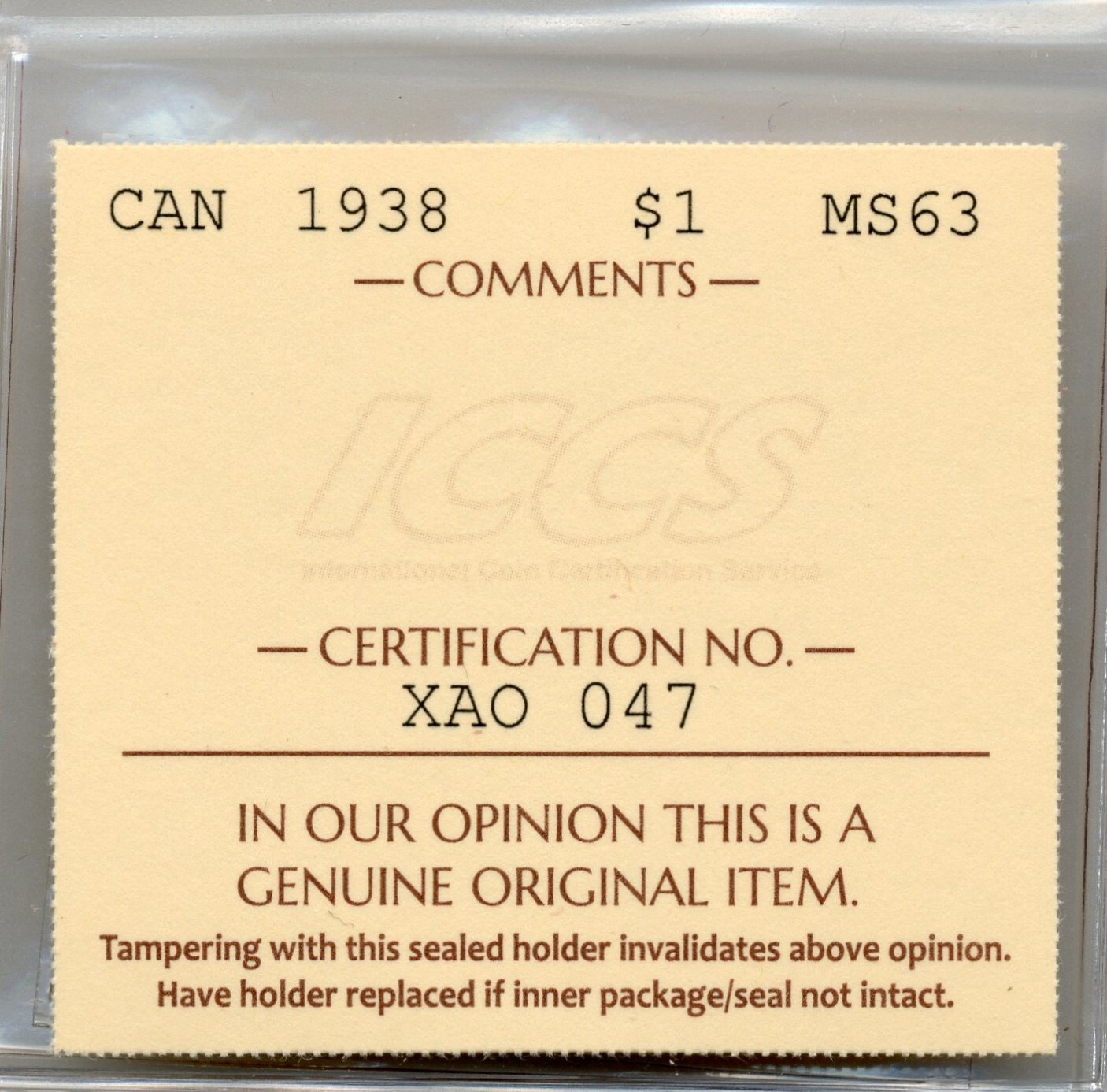1938 Canada Silver Dollar - Choice Uncirculated, ICCS MS 63