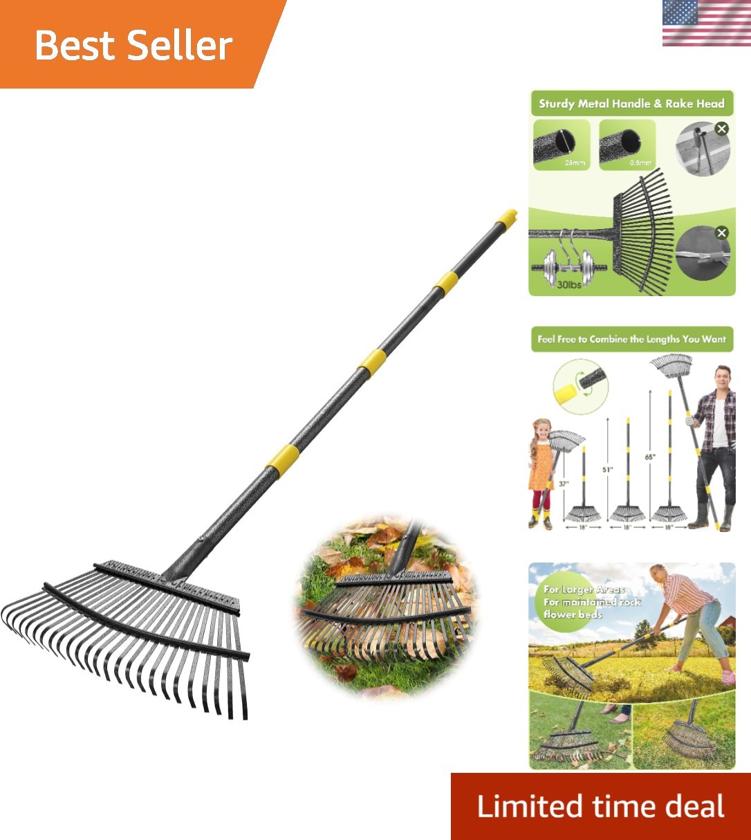 Rake for Leaves, Heavy Duty Leaf Rakes for Lawns & Yard - 65” Adjustable Long...
