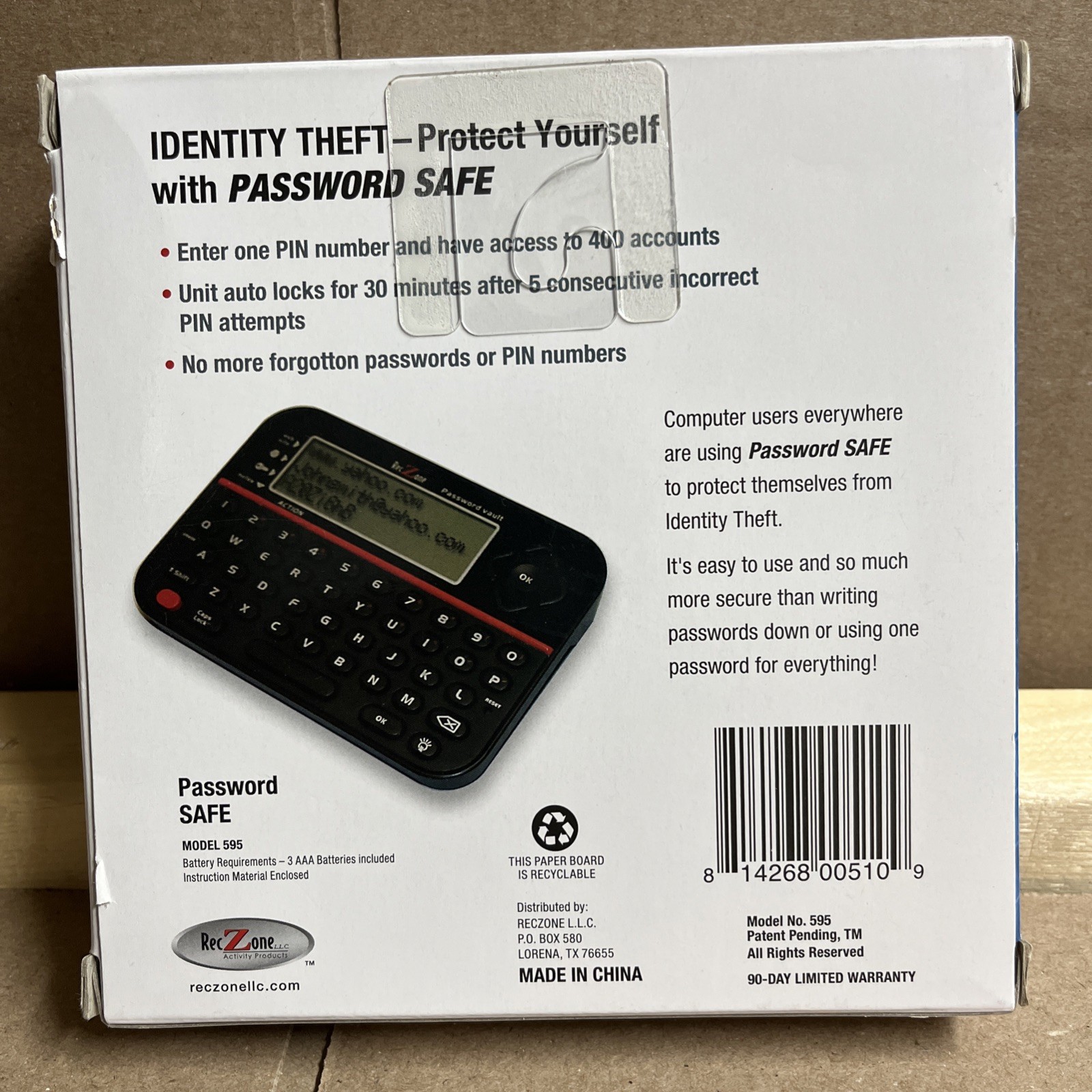 RecZone Password Safe Backlit LCD Built In Memory QWERTY Keyboard Model 595