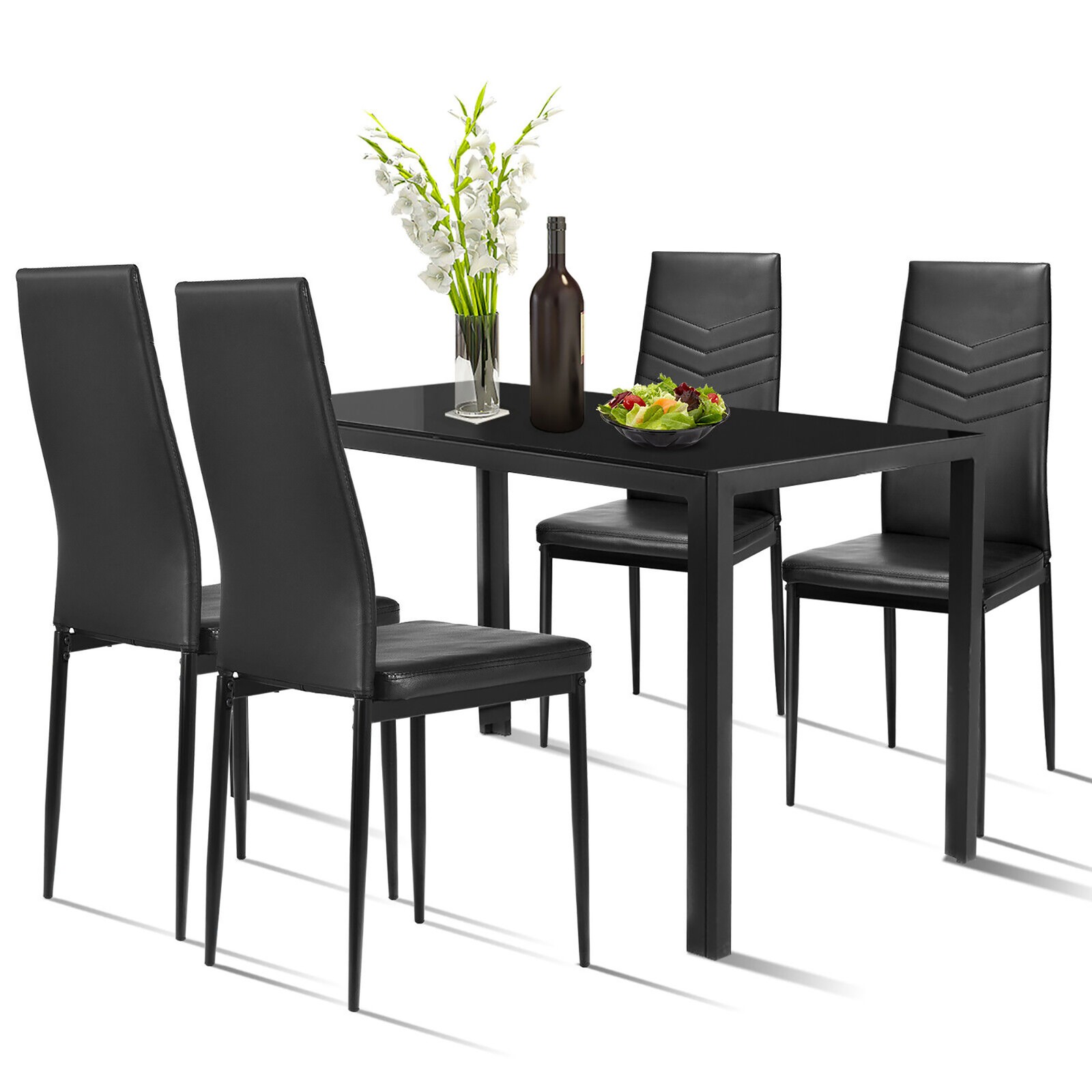 5 Piece Kitchen Dining Set Glass Metal Table and 4 Chairs Breakfast Furniture