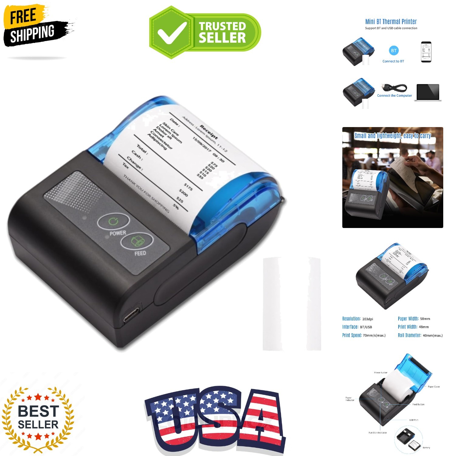 Receipt Printer, Portable Mini Thermal Receipt Printers USB Receipt Bill Tick...