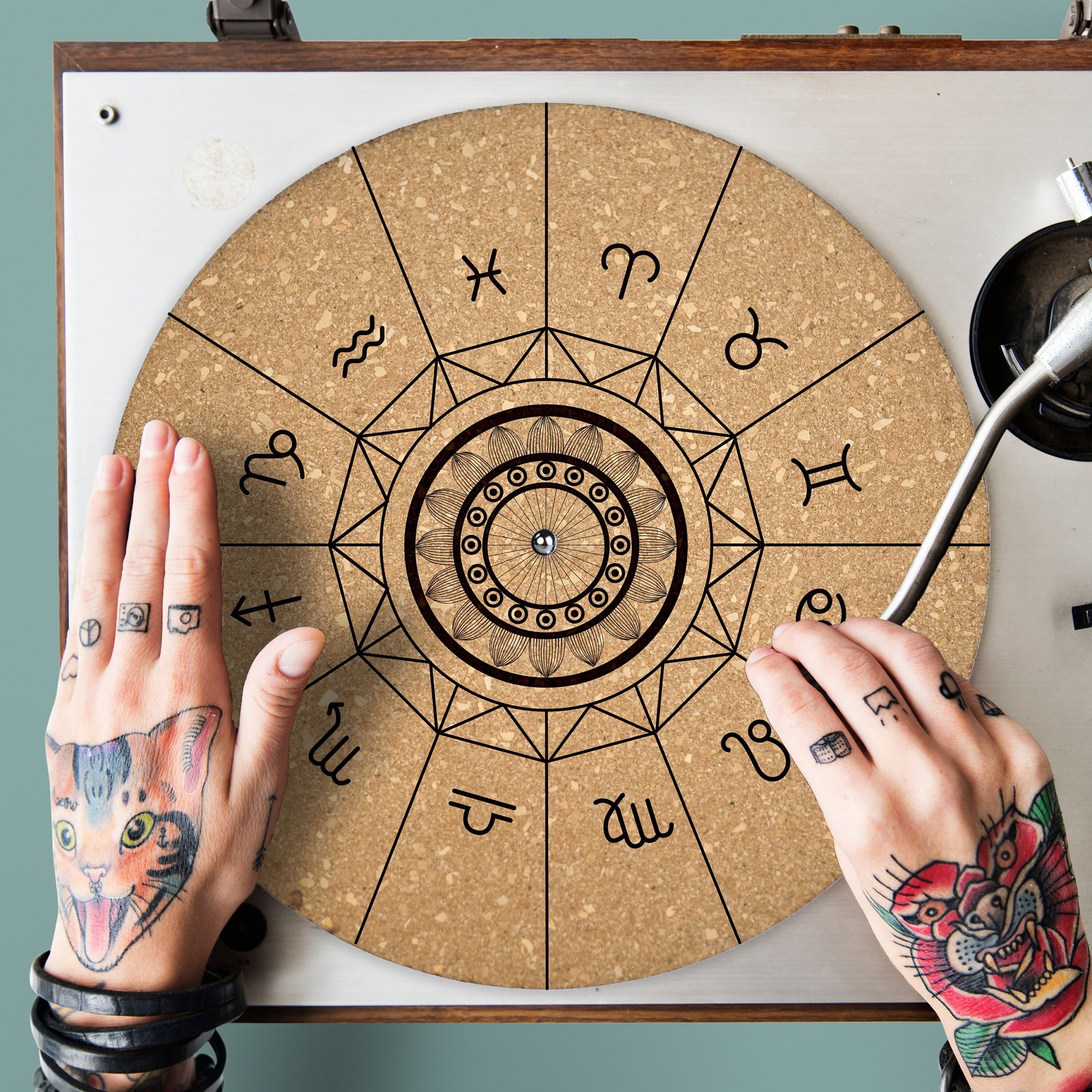 Cork Turntable Slipmat Quetzal Studio Handmade Zodiac Customizable DJ Gift