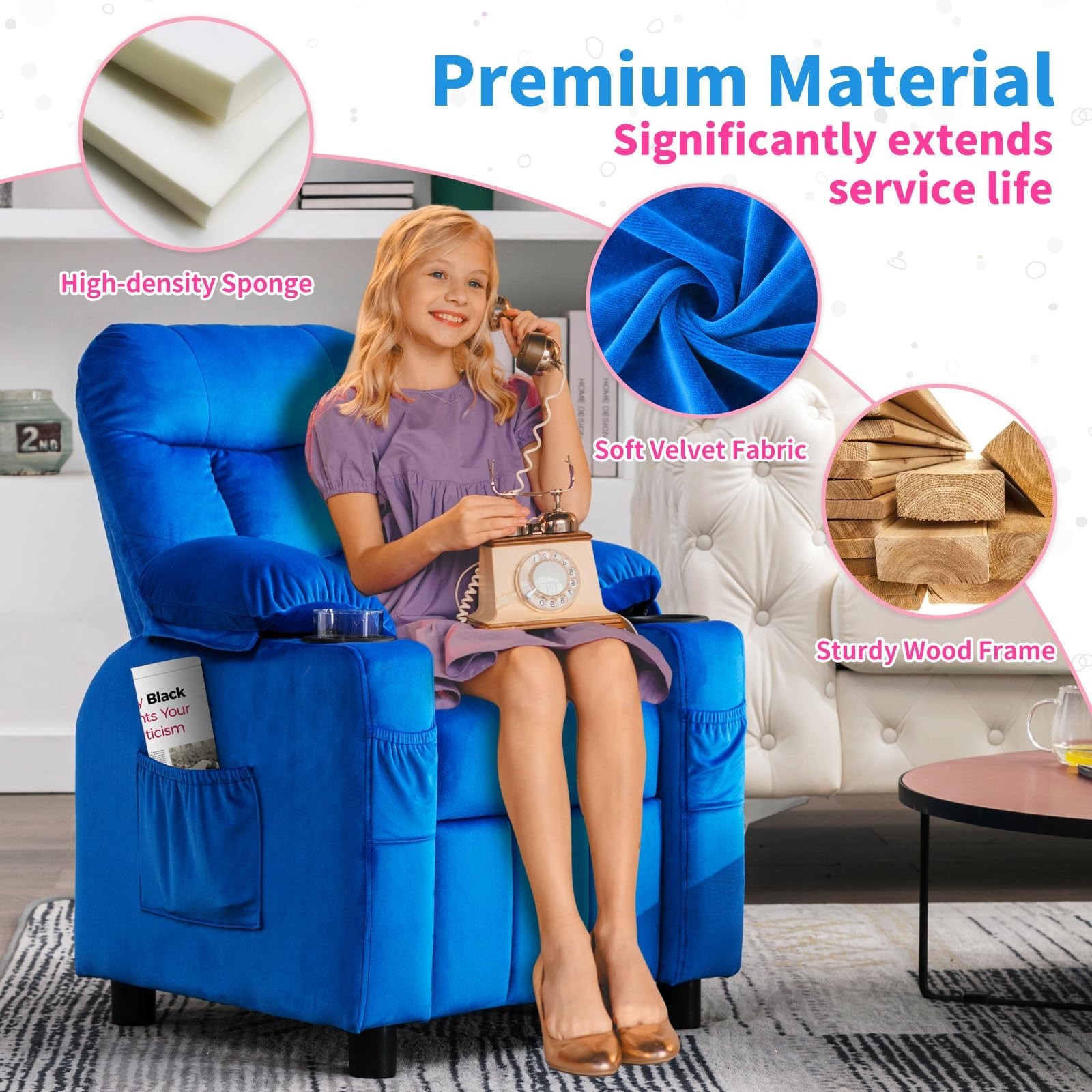 Kids Youth Recliner Chair Adjustabl Velvet Fabric Sofa w/Cup Holder &Side Pocket