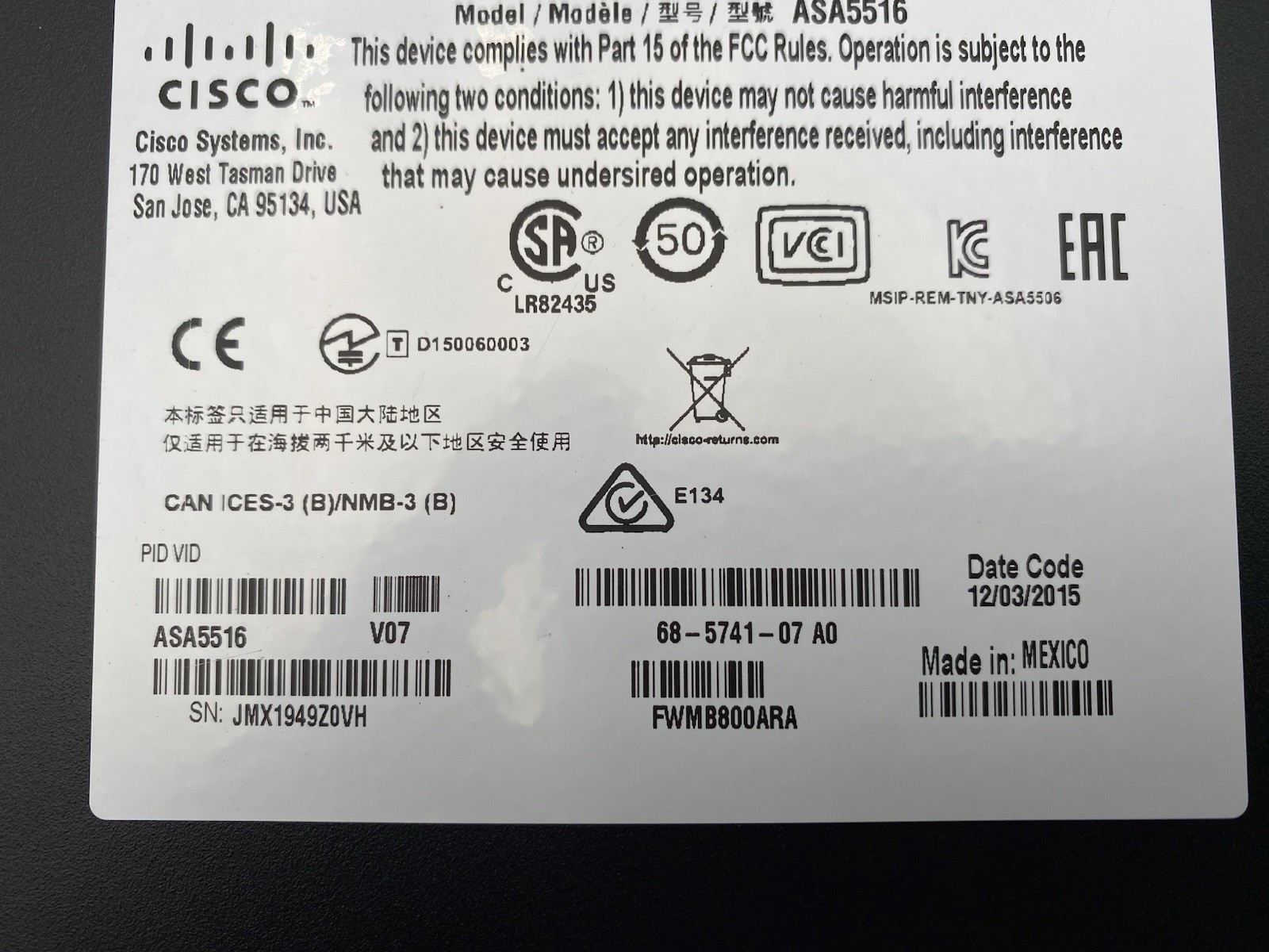 Cisco ASA 5516-X Firewall Security Appliance V07