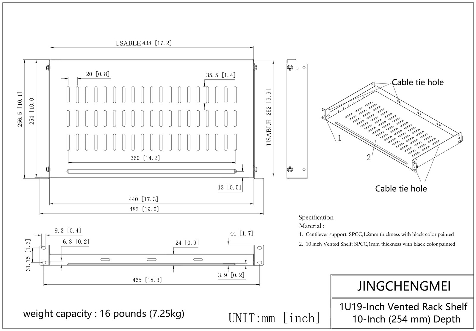 1U Vented Server Rack Shelf 10Inch Deep, Disassembled, No Lip