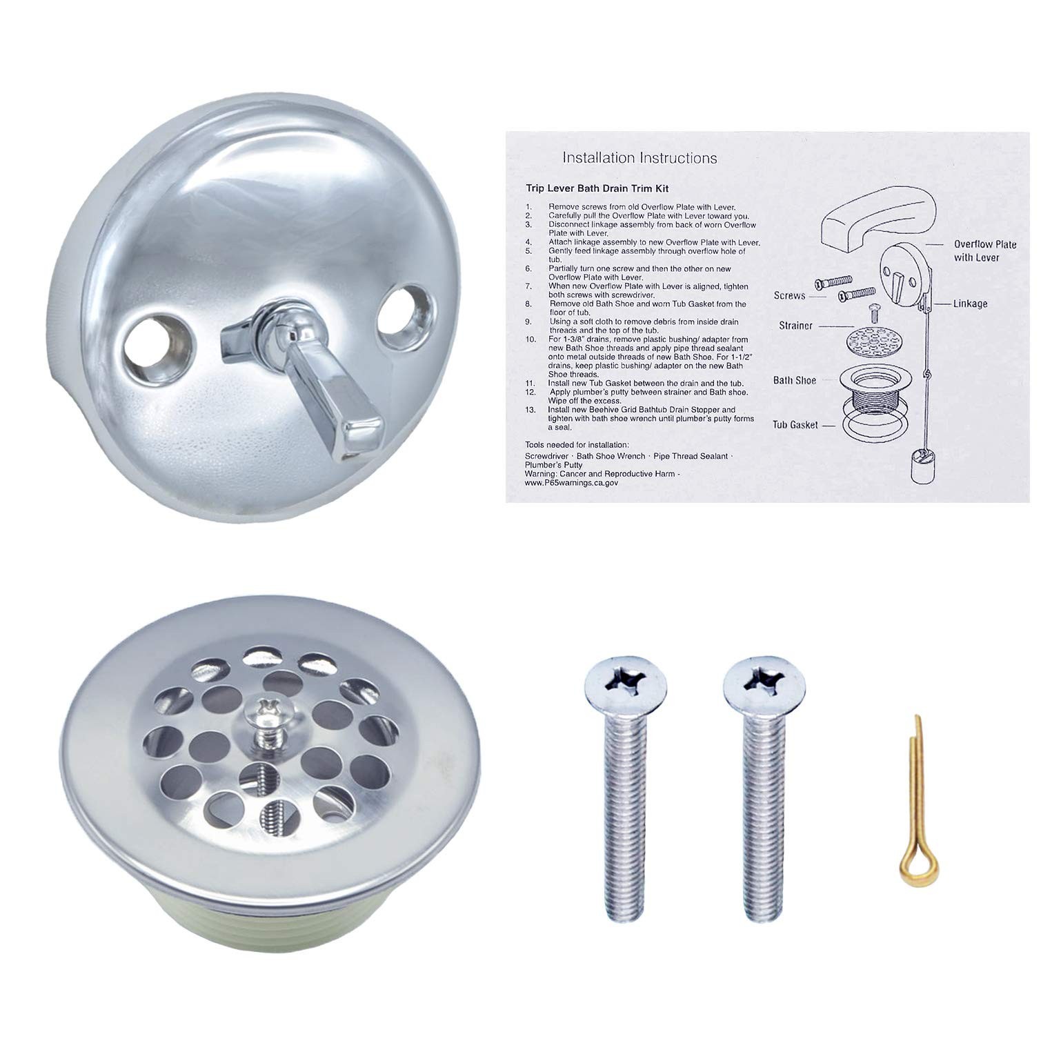 Trip Lever Bathtub Drain and Overflow Faceplate Trim Kit with Screws (Chrome)
