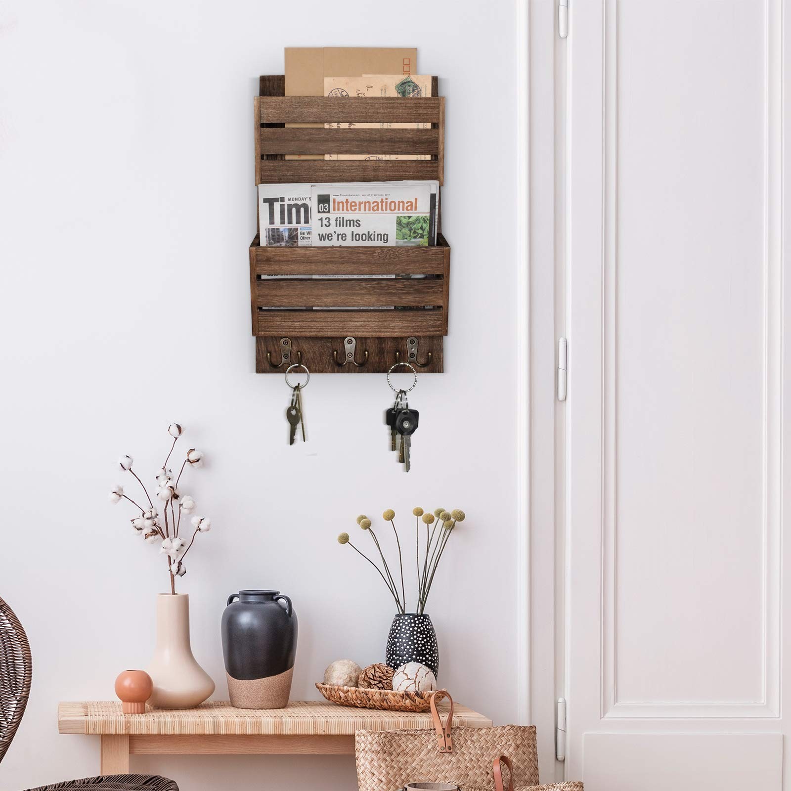 Unistyle Mail Organizer with 4 Hooks, Rustic Brown Wall Mount, Cedar Wood Key...