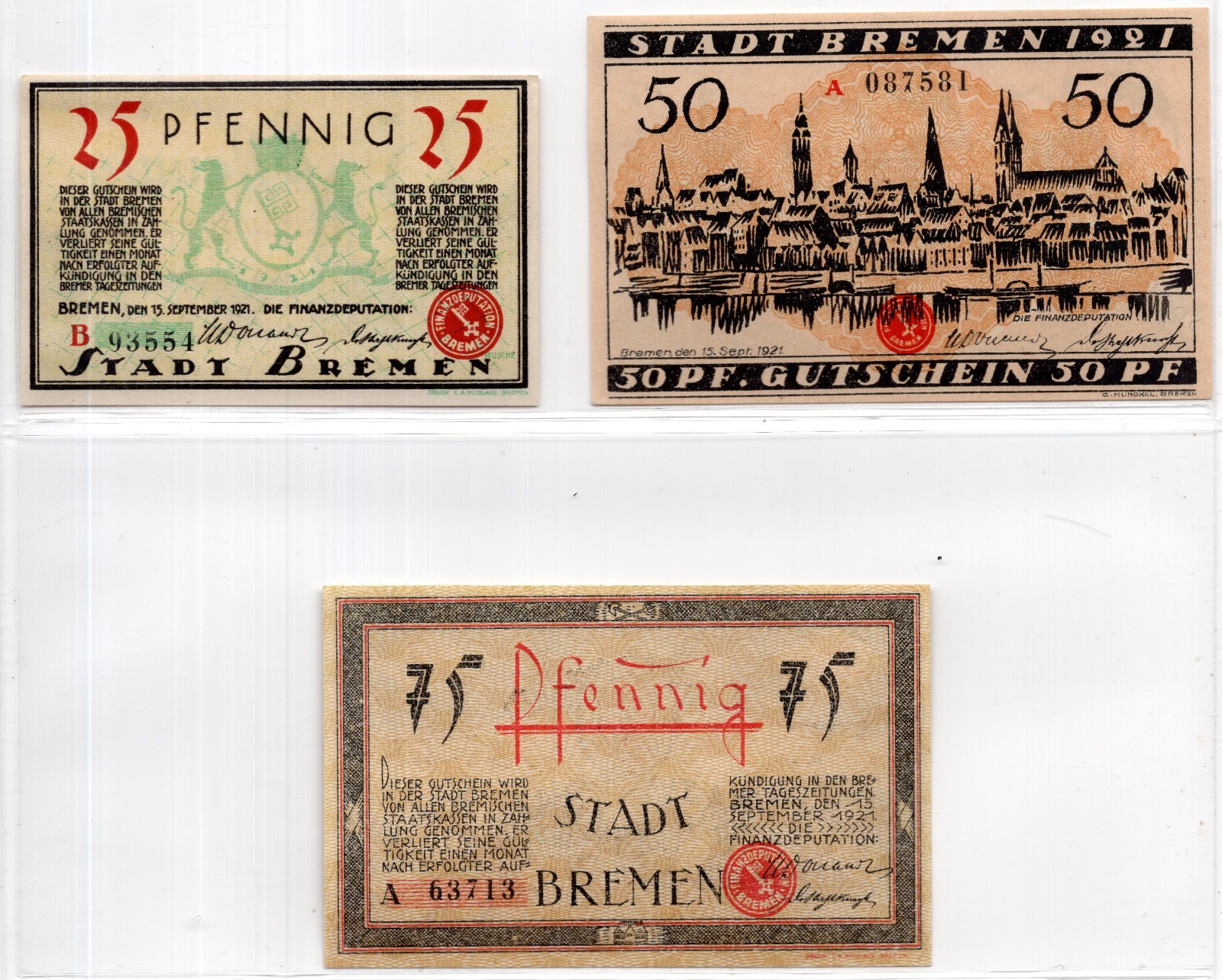 1921 Germany Bremen Notgeld 3 Note Set (2714)