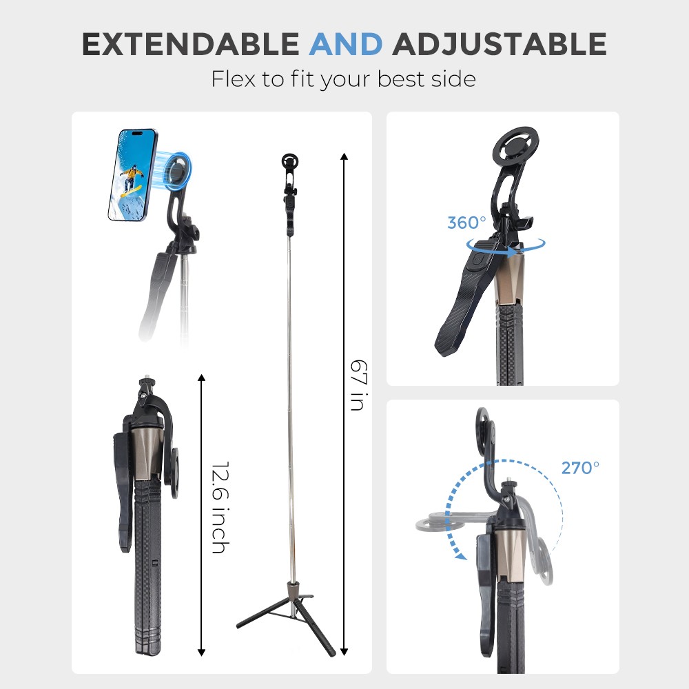 67in Magnetic Phone Tripod & Selfie Stick Extendable w/Remote for iPhone/Android