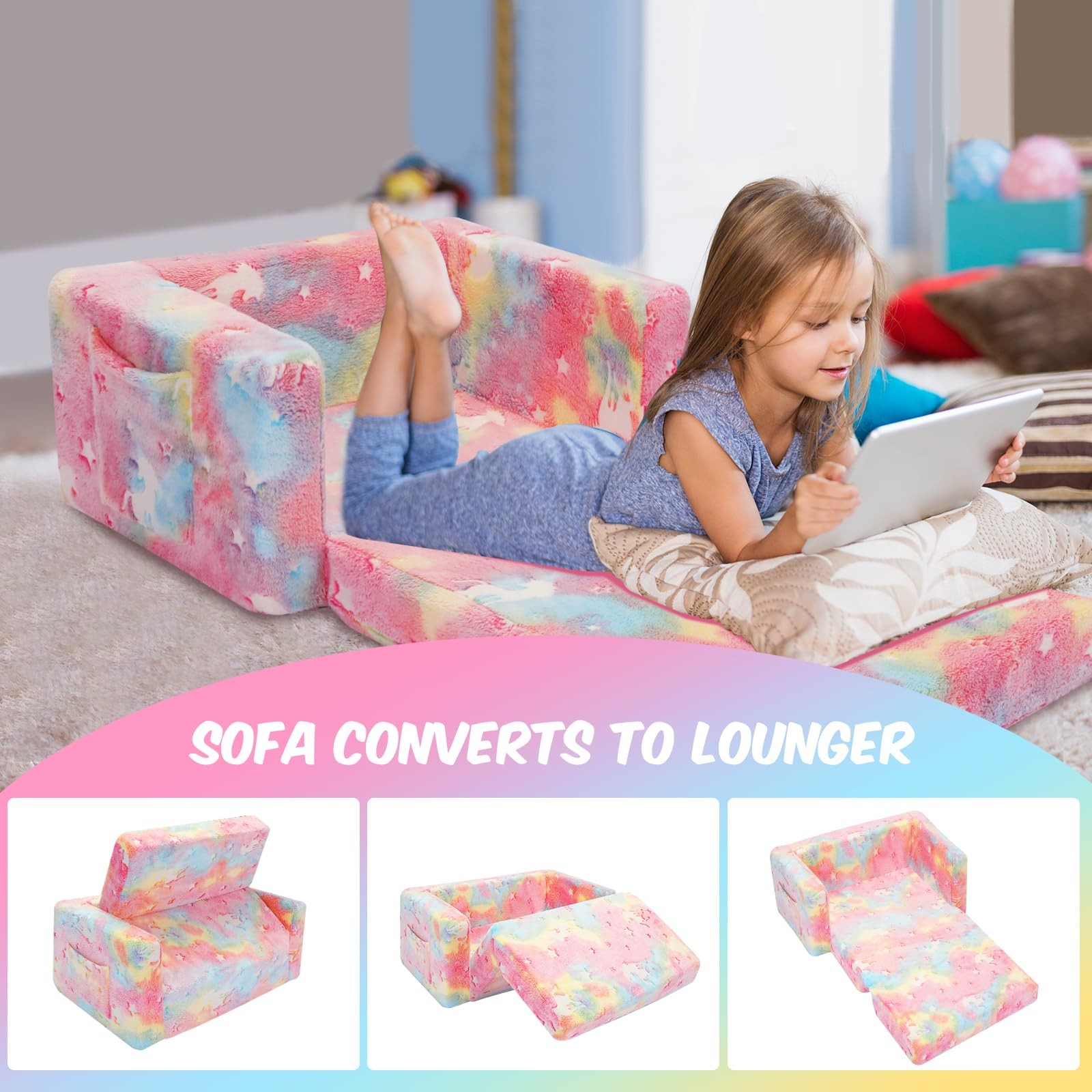 SLIGUY Kids Couch, Fold Out Kids Sofa Chair, Toddler Convertible Sofa to Loun...