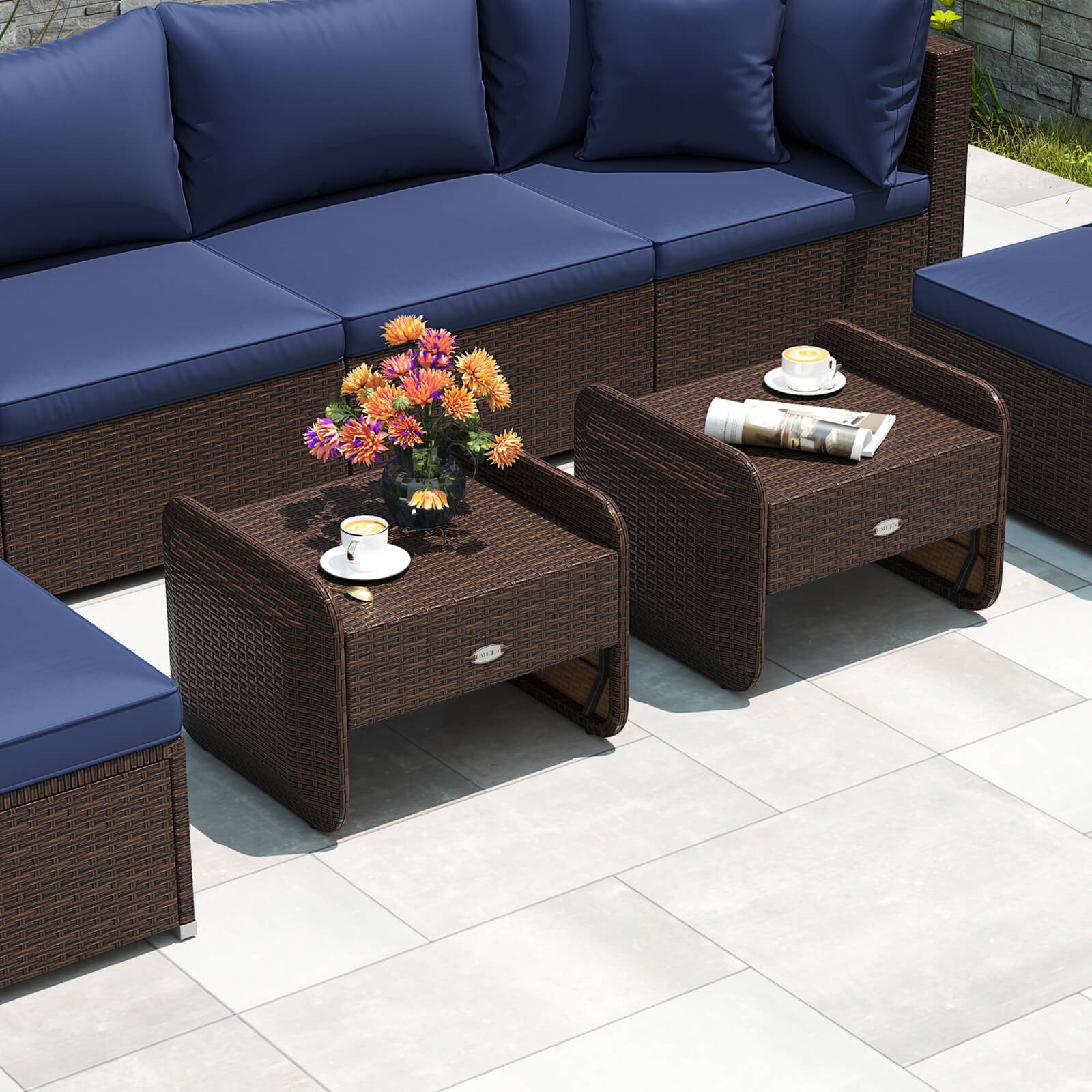 2 Pieces Outdoor Patio PE Wicker Ottomans with Removable Cushions Footstools