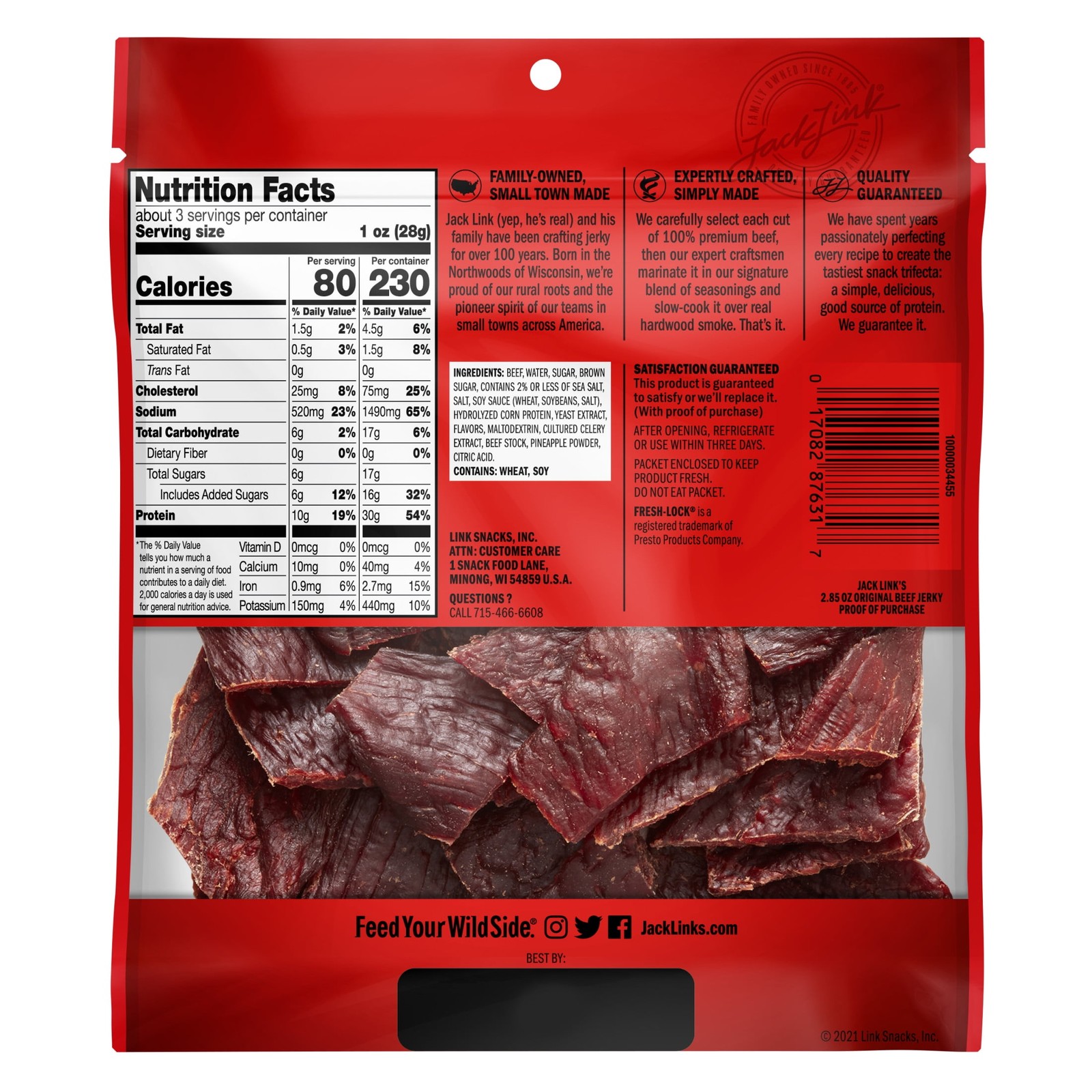 Jack Link’s Beef Jerky 100% Beef Original 2.85 oz 10g of Protein Per Serving