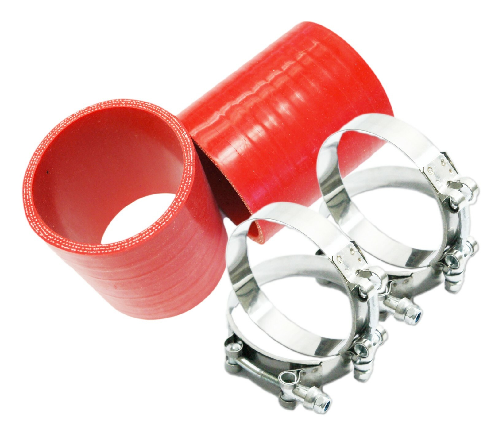 4 PLY Reinforced RED 2xStraight Silicone Hose 3.0" to 3.0" ID w/ 4xSS T Clamps