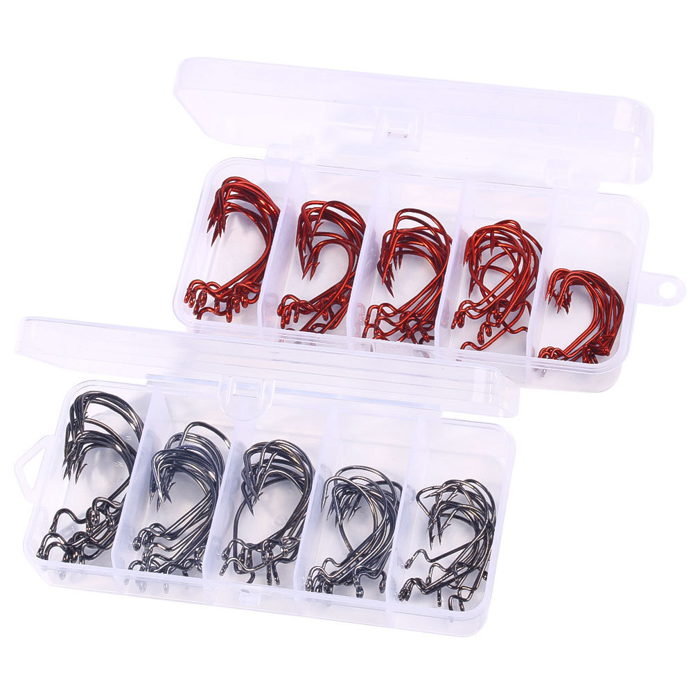 50Pcs/box Red Wide Crank Offset Sharp Carbon Steel Fishing Hooks Size 2# -3/0#