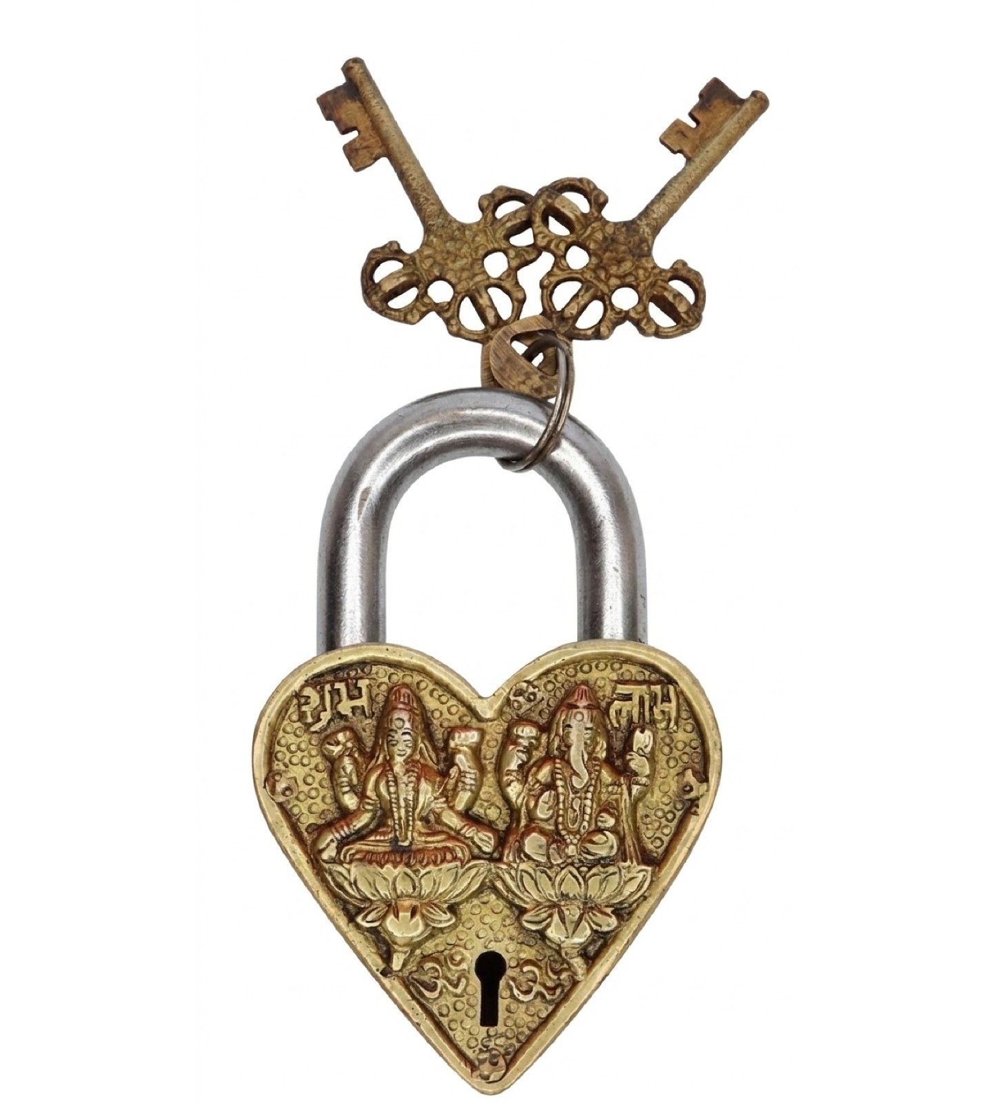 Lakshmi Ganesha Heart Shape Padlock Victorian Style Handcrafted Brass Door Lock