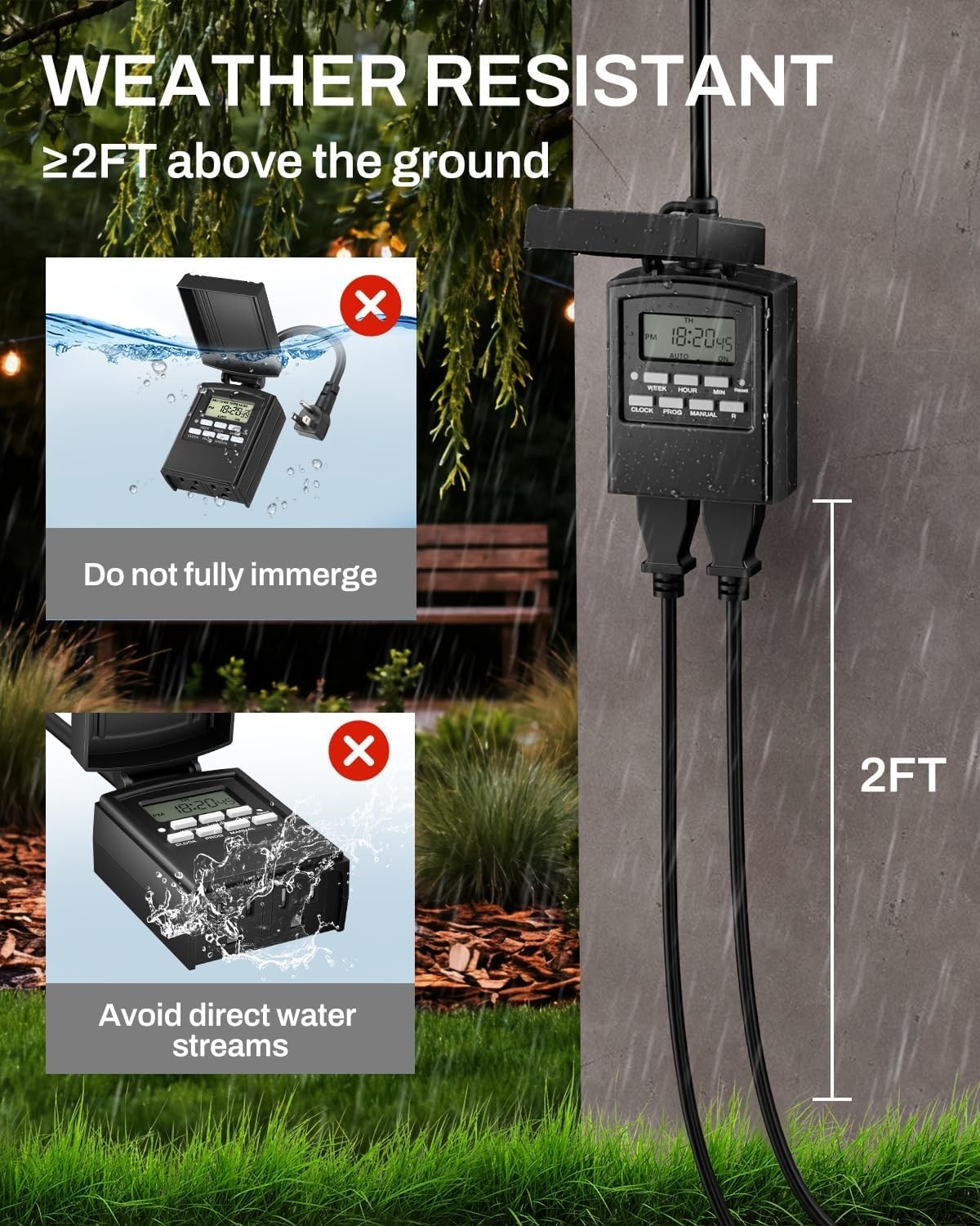 7 Day Outdoor Heavy Duty Digital Programmable Timer, Outdoor Timer Outlet Wat...