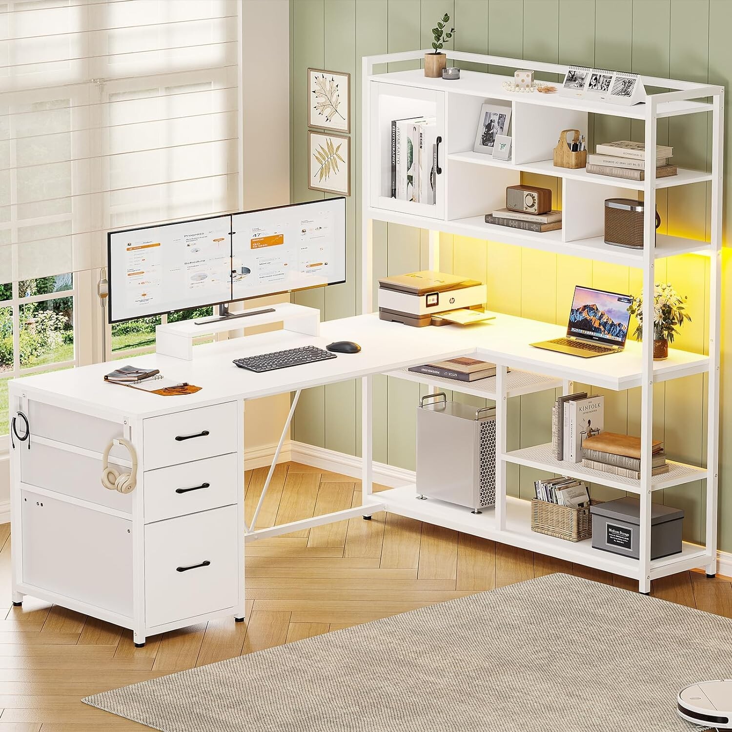 L Shaped Computer Desk with LED Light 58'' Office Desk with 3 Drawers &Bookshelf