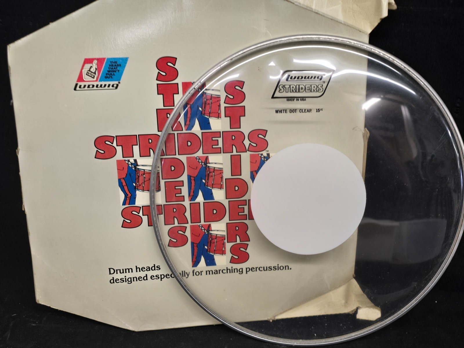 Vintage New Old Stock Ludwig Strider 15" Snare Clear Mounted White Dot Drum Head