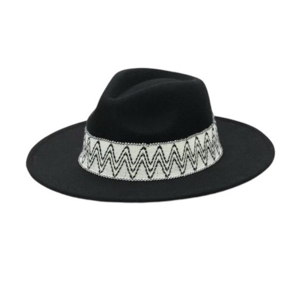 Time & Tru Black Hat with White Pattern Trim (Unisex).