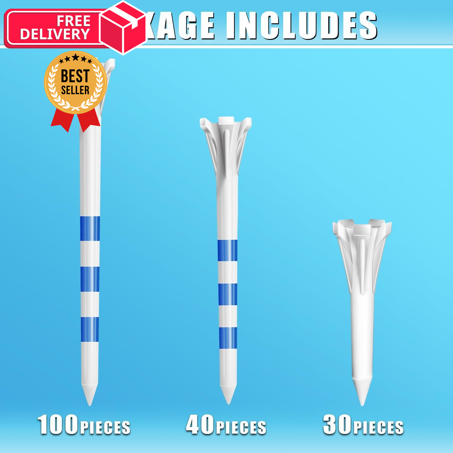 CHAMPKEY Professional 170 Pack 5-Prong Plastic Golf Tees 3 Sizes White
