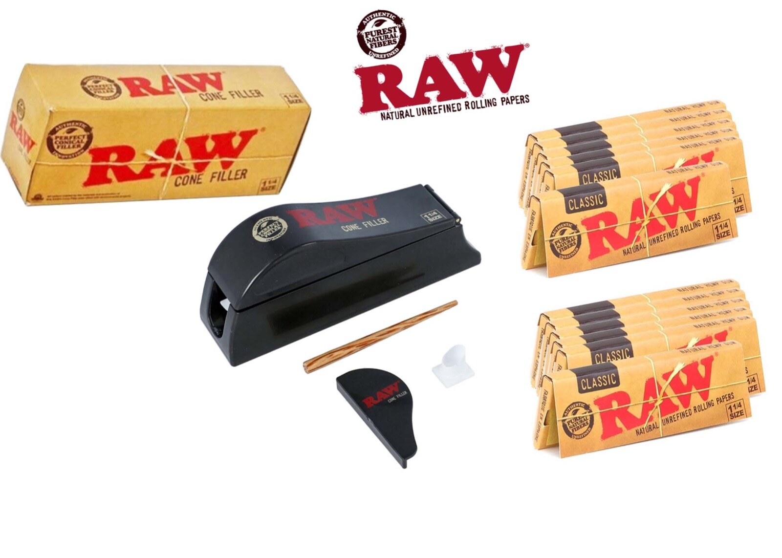 Authentic Raw Cone Filler Shooter for 11/4 Size+12pack 11/4 Classic Rollin Paper