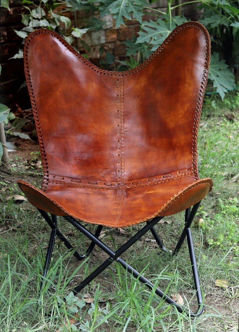 Real Leather Butterfly Lounge Chair – Rustic Metal Frame Folding Chair