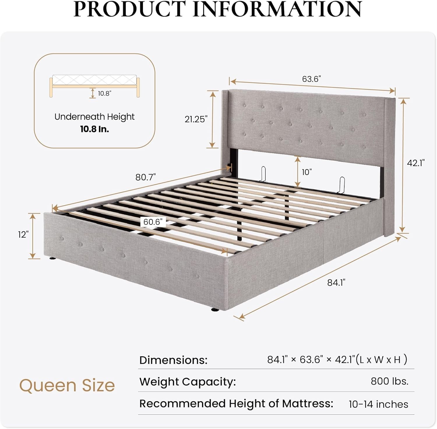 SHA CERLIN Queen Lift Up Storage Bed Frame Upholstered Wingback Headboard Beige