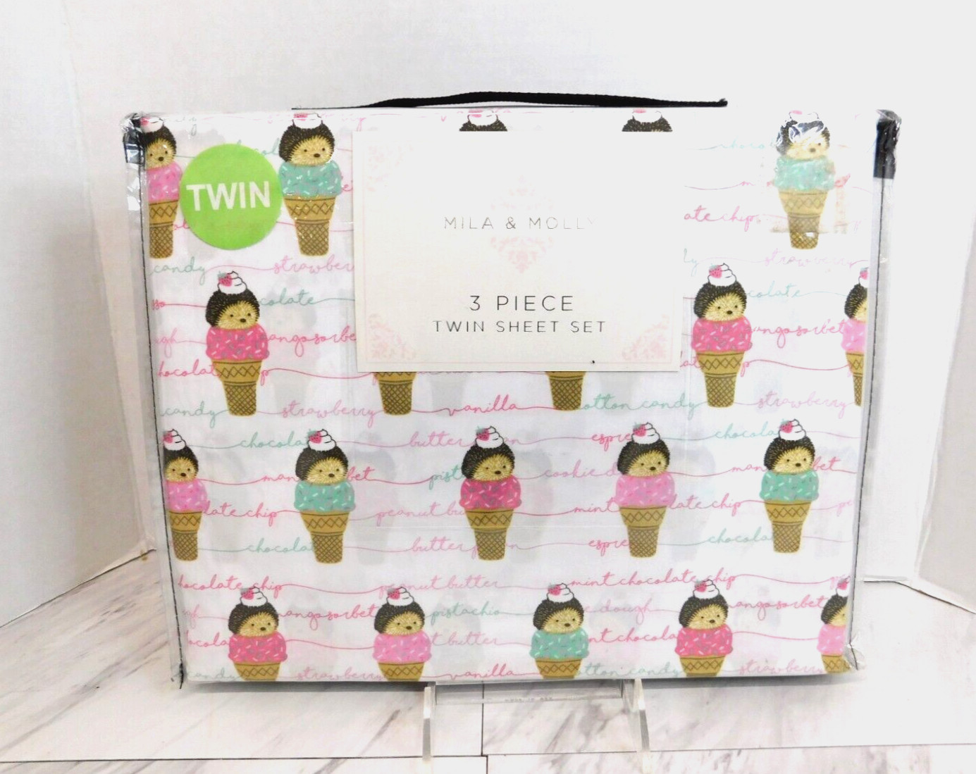 Mila & Molly TWIN 3 Piece Sheet Set Ice cream cones Hedgehogs Brand New