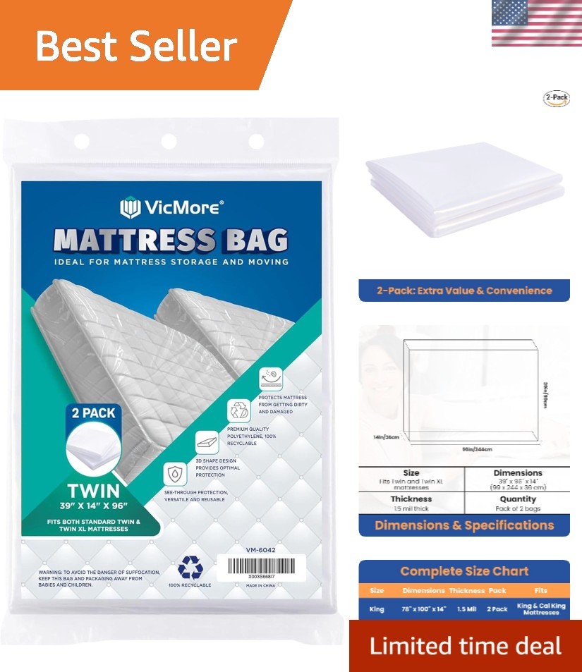 Twin Mattress Bags 2-Pack - 1.5 Mil Protective Cover for Easy Moving & Storage