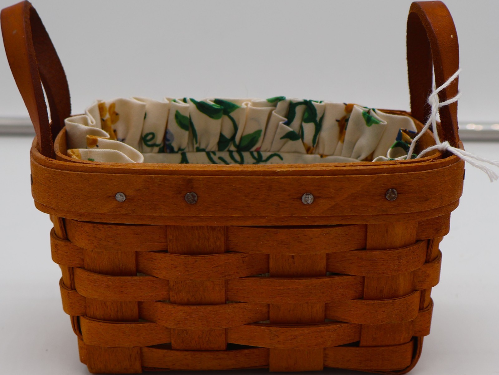 Longaberger 1991 Small Basket with Floral Fabric Liner – Double Leather Handles