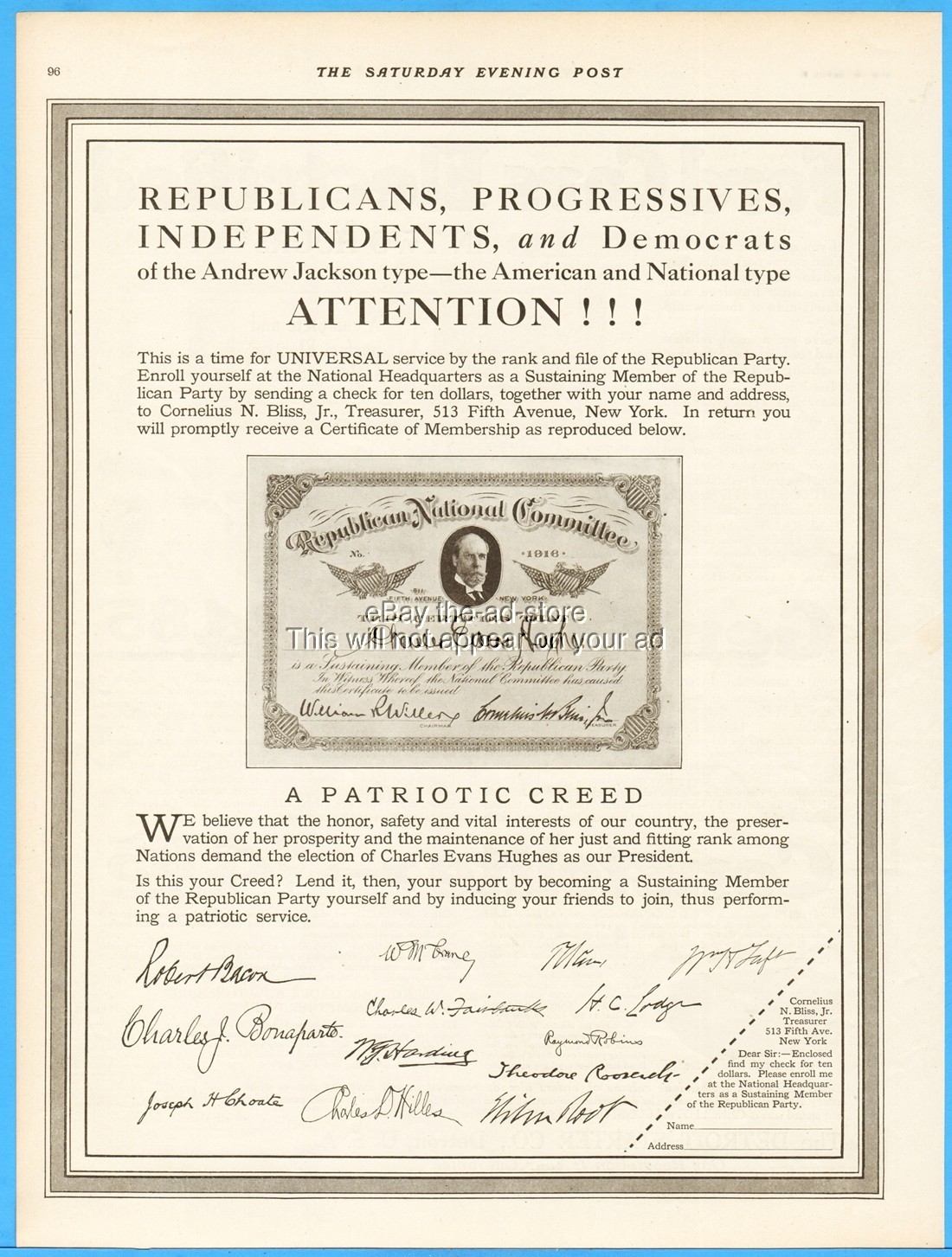 1916 Republican National Committee RNC Certificate of Membership Vintage Ad