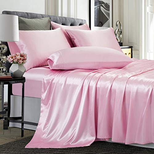 TREELY 6 Piece Satin Sheets King Size Silky Smooth Pink Satin Sheet Set with