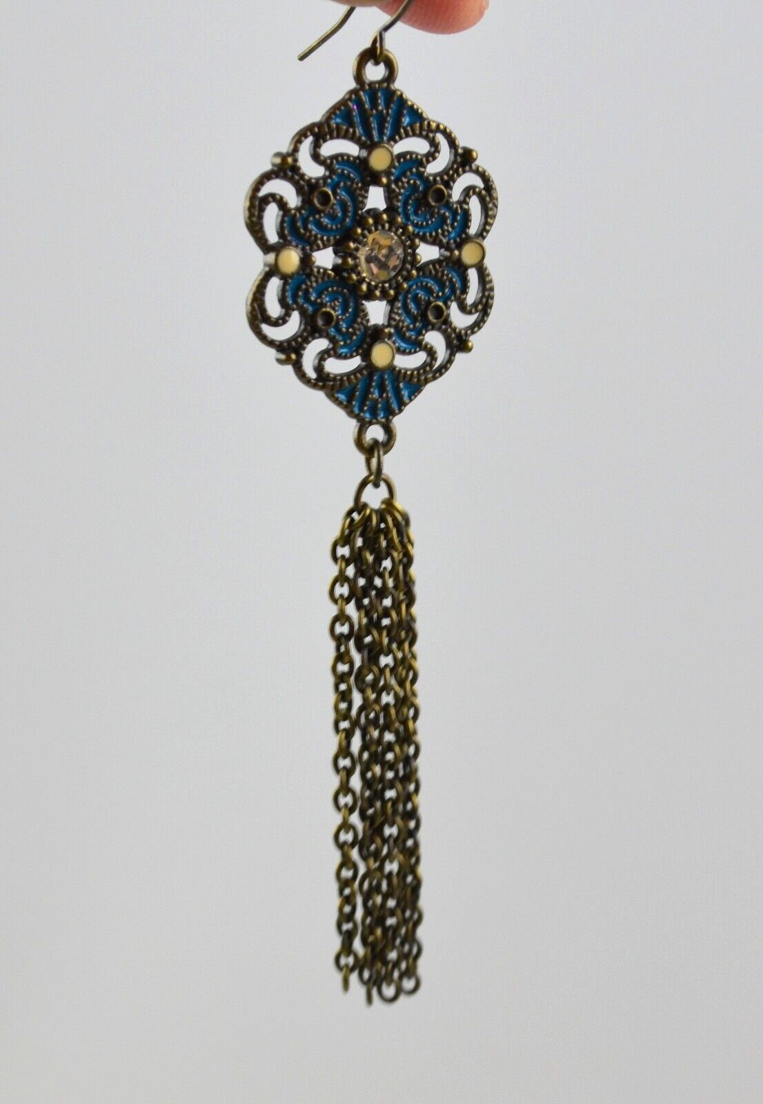 Dangle Pierced Hook Earrings Blue w/ Clear Center Rhinestone & Chain Dangles