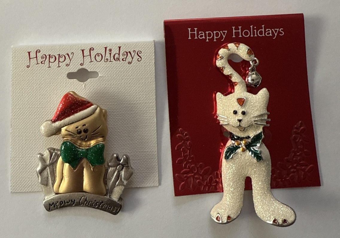 LOT OF 2 - Christmas CAT Glitter Jingle Bell Enamel Brooch Pins