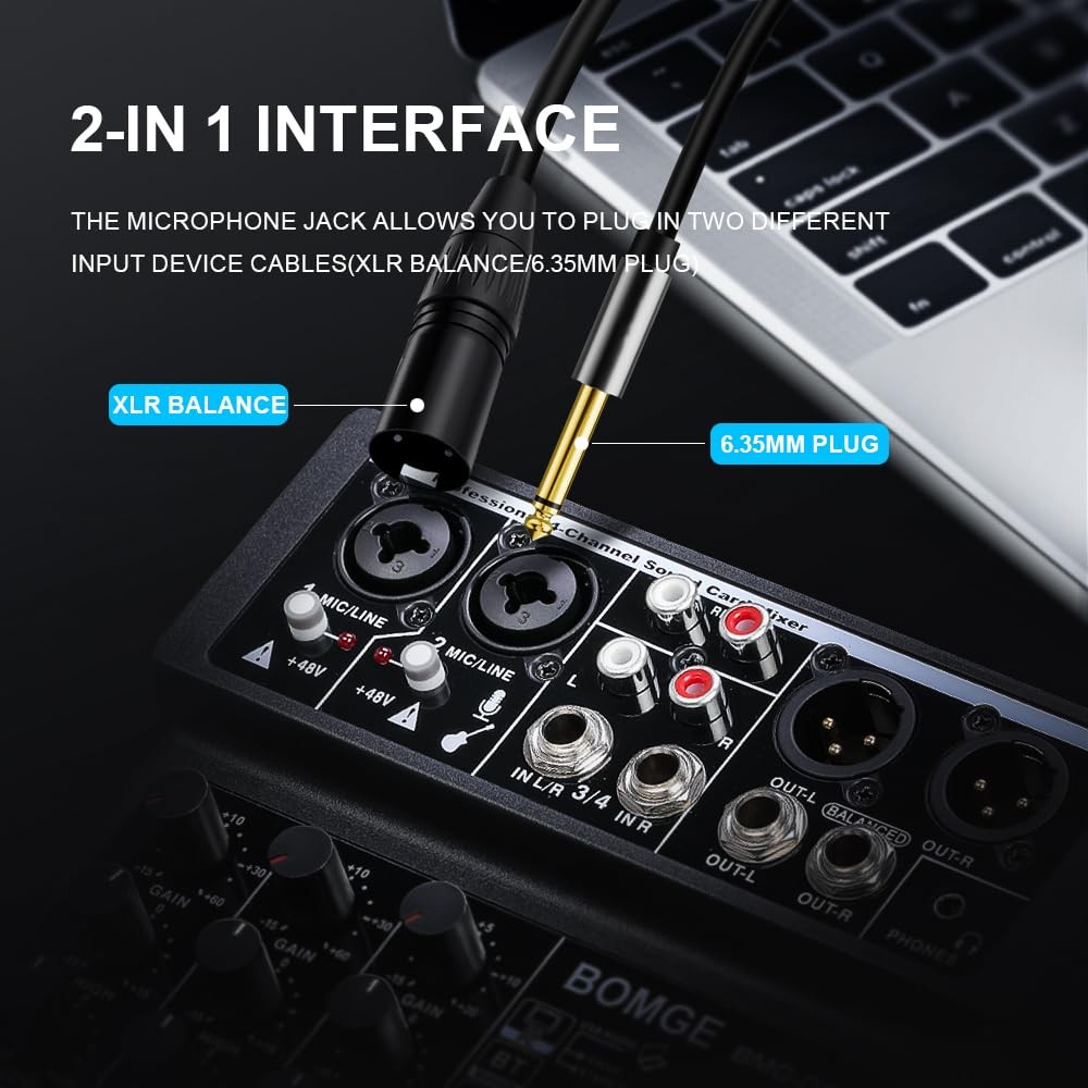 BOMGE 4 Channel mini DJ Audio Sound Mixer Interface with MP3 USB, Bluetooth, St