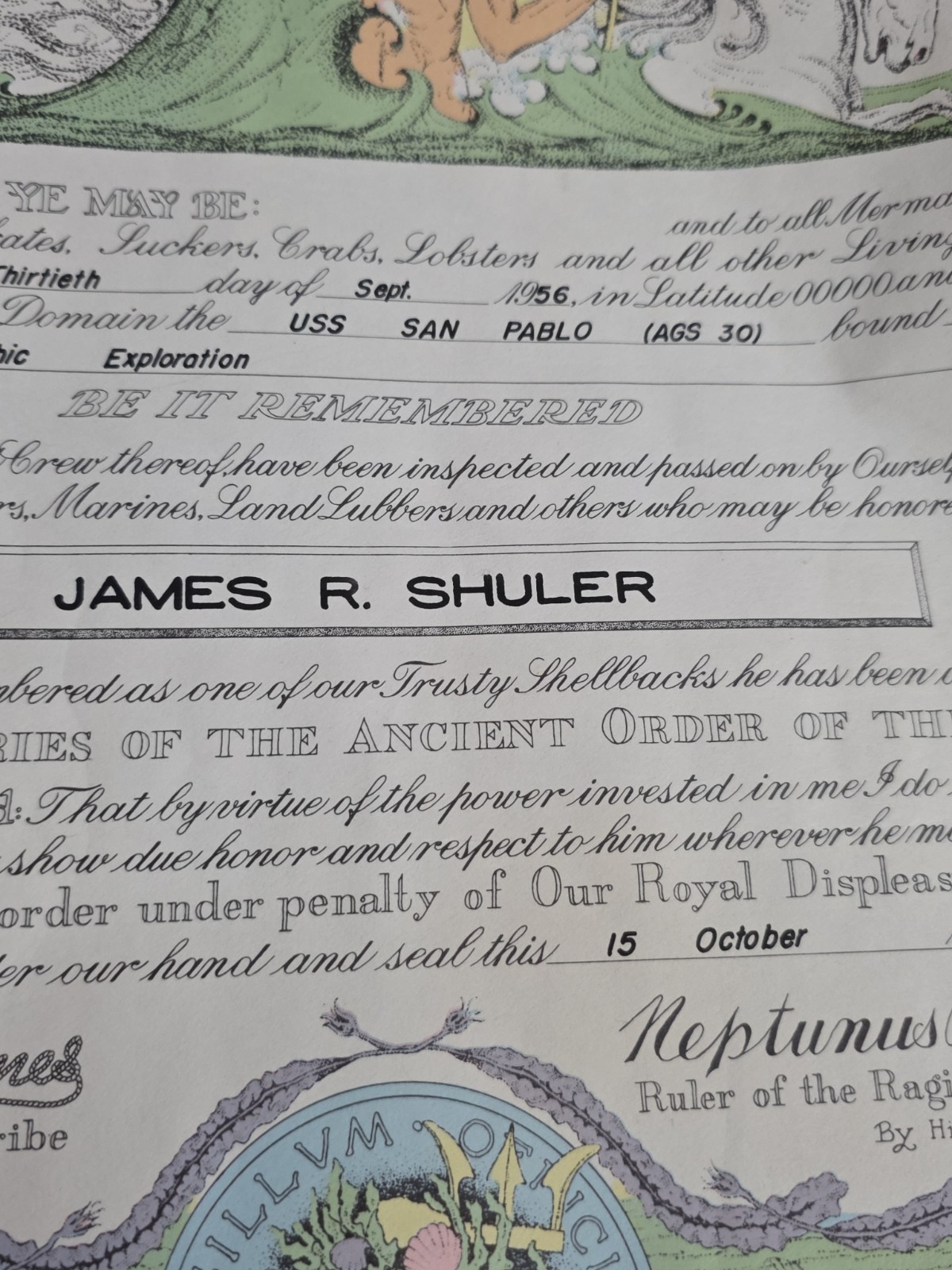 U.S.N.: "Shellback": 15 x 20, Certificate (Personalized) 1943