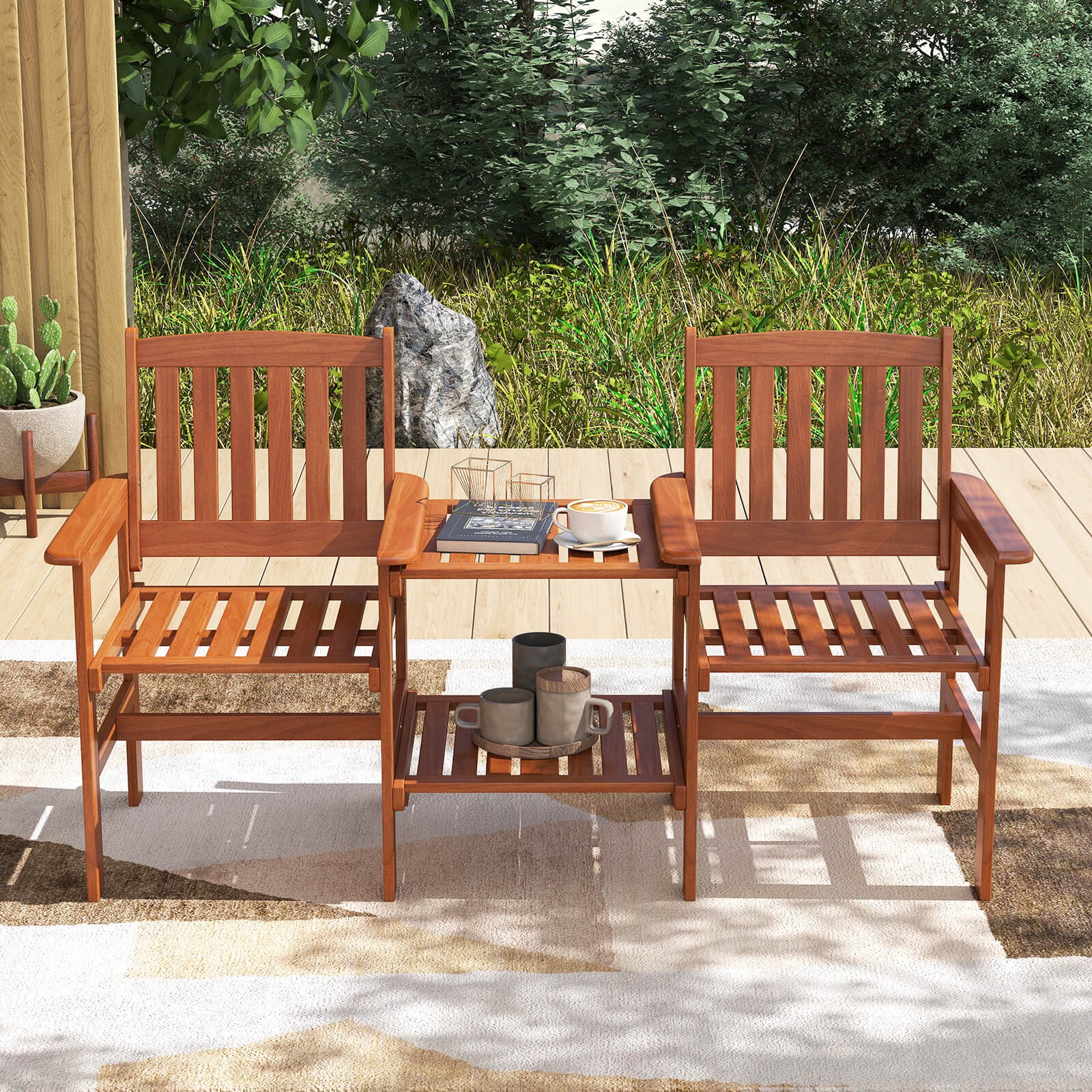 Outdoor Wood Bench Loveseat with Built-in Table 1.57" Umbrella Hole for Porch