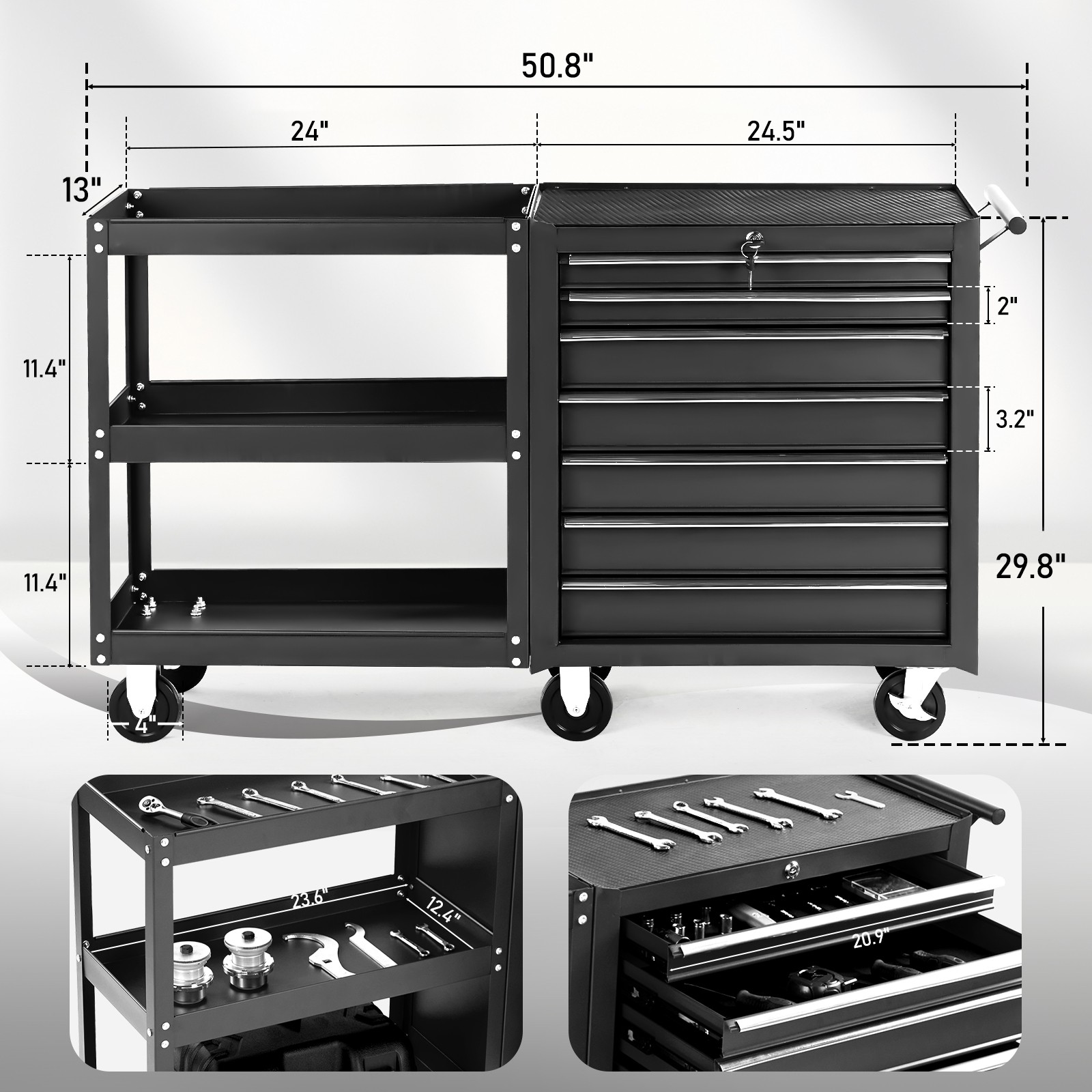 7-Drawer Rolling Tool Chest Tool Box with Lock & Key & Side Shelves & Wheels New