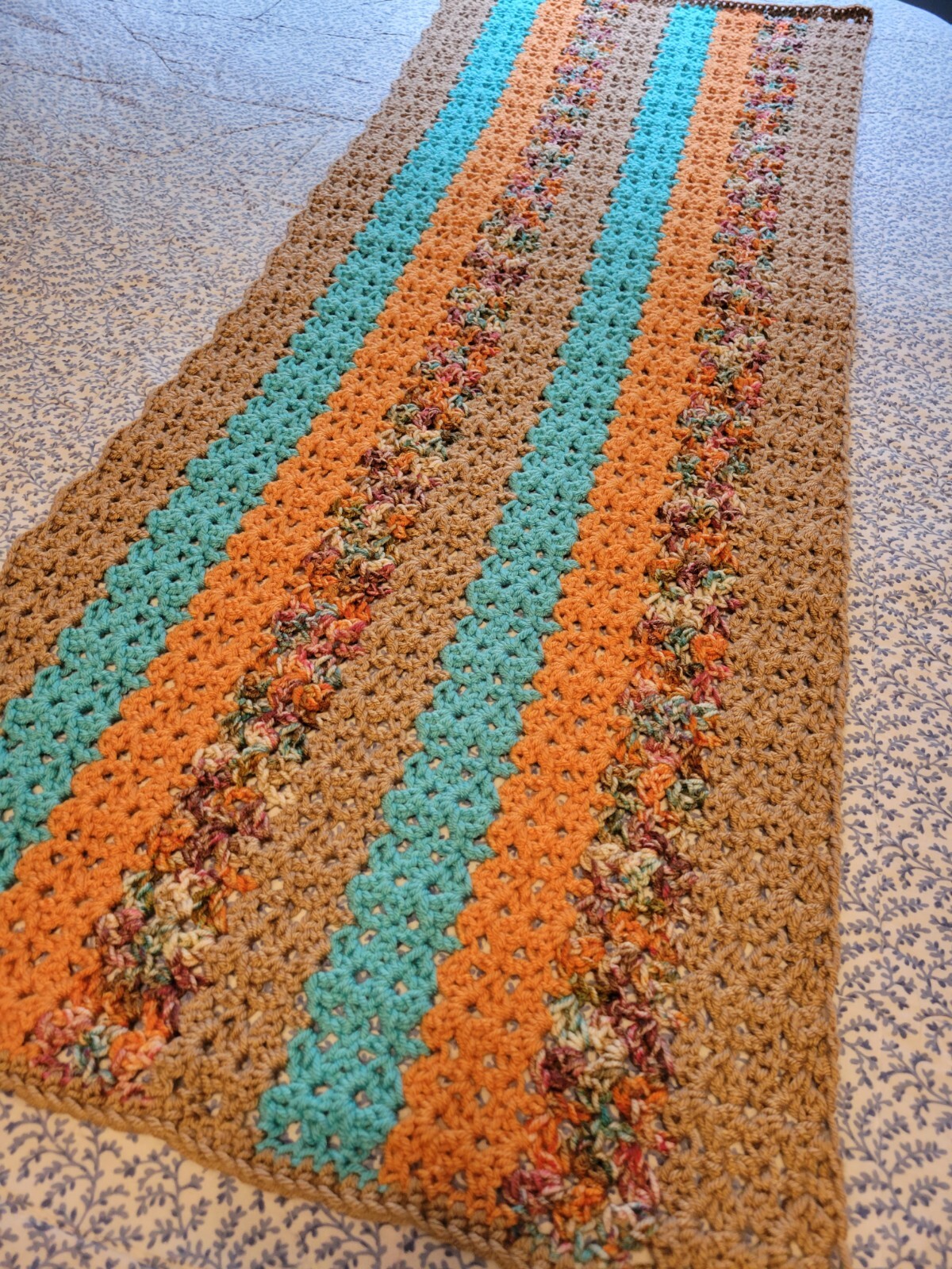 Hand Knit Wrap Shawl, 17"x48", Tan, Turquoise, Orange, Table Runner, Brand New