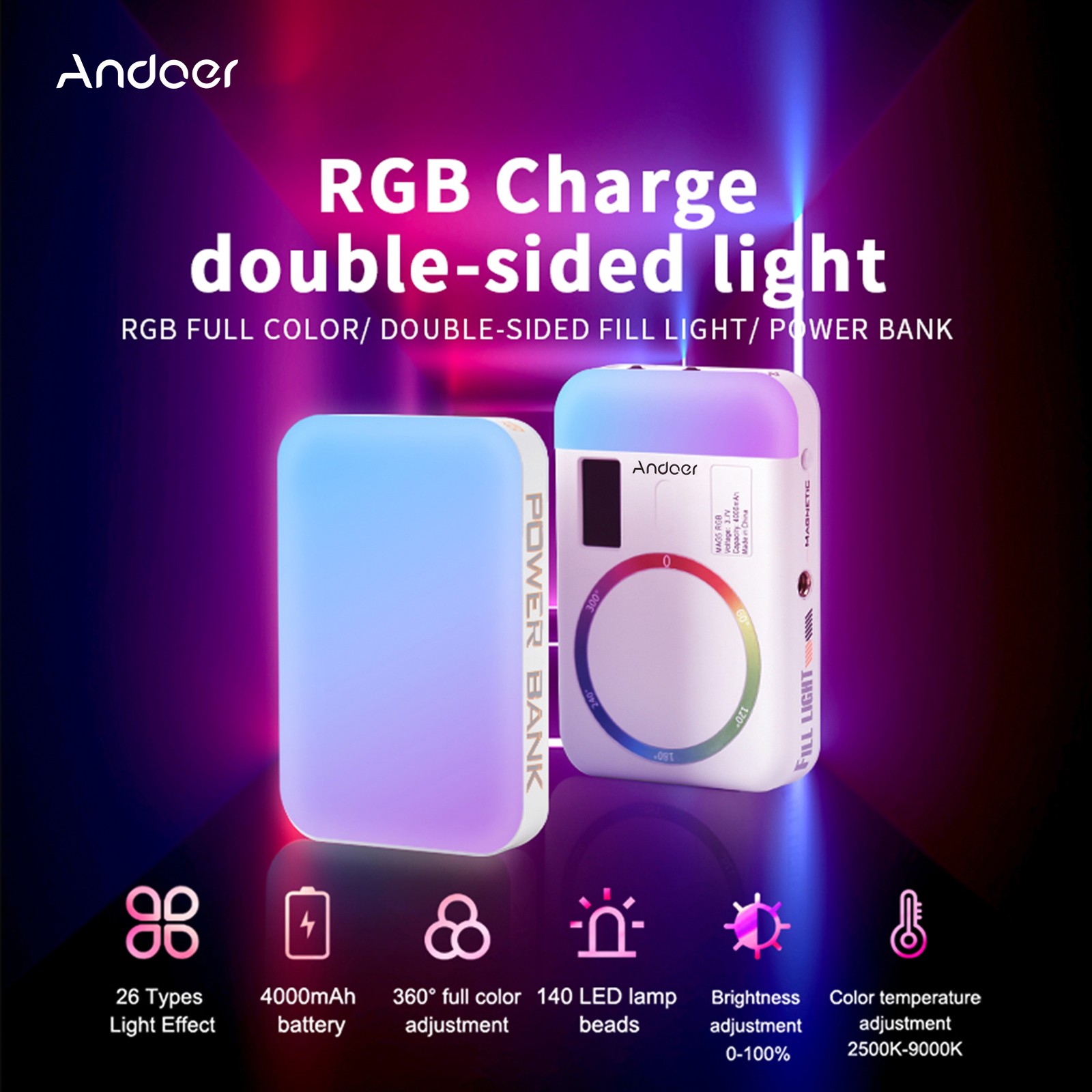Andoer MAG5 RGB Video Light Double-Sided Photography Light 2500K-9000K Dimmable