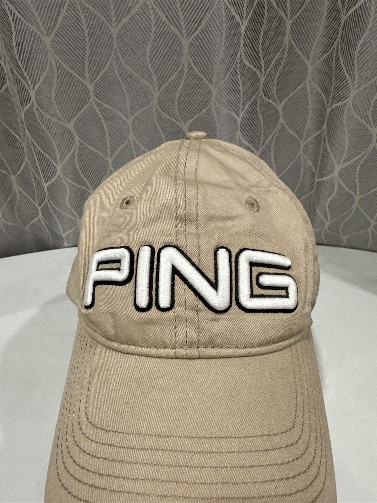 Ping Tan Hook and Loop Strap Hat with White Embroidered Lettering