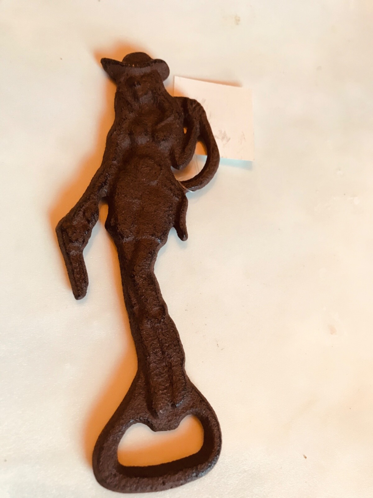 Cast Iron Western Cowgirl Holds Gun Rope Beer Bottle Opener Rustic Decor