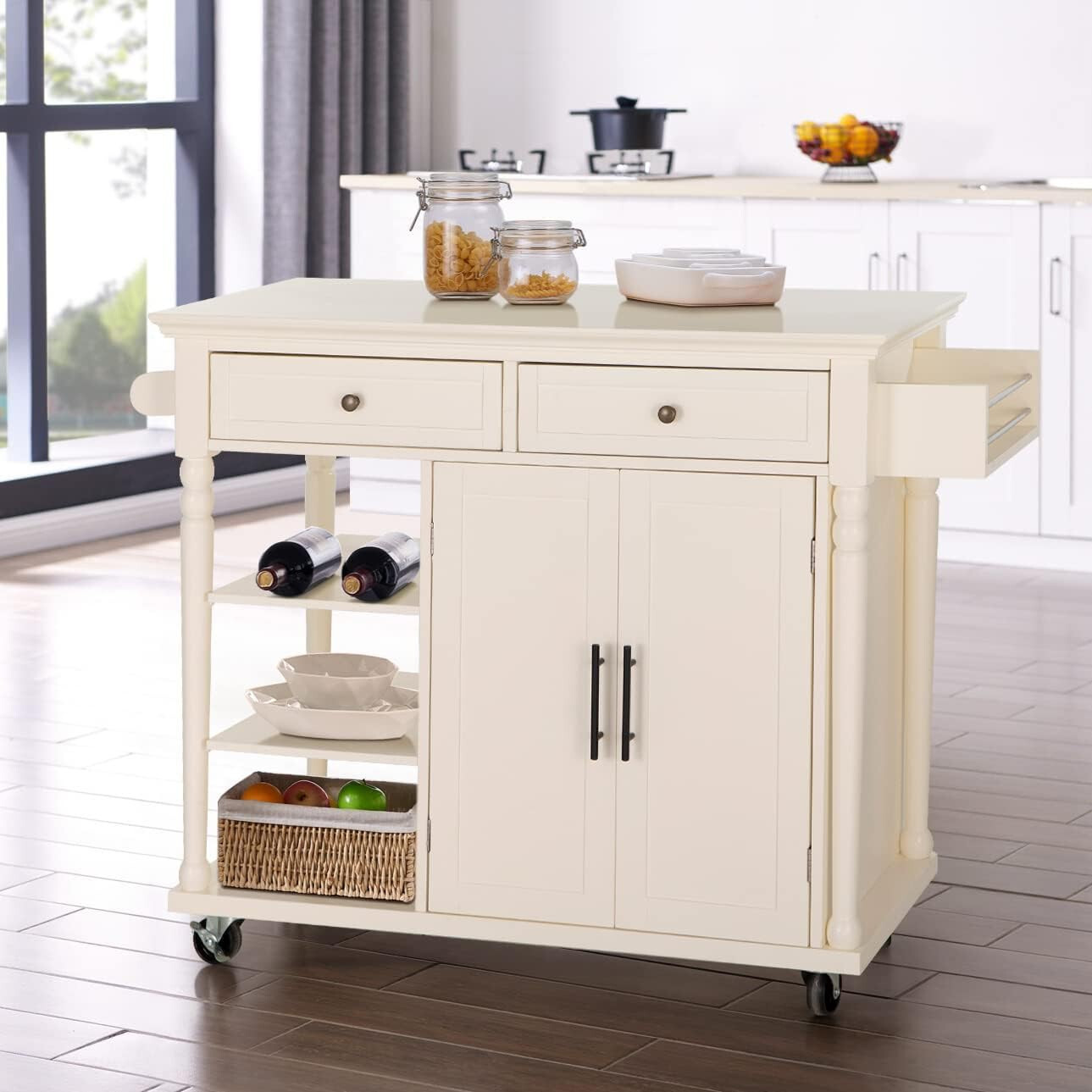 Kitchen Island Cart with Storage Cabinet on Wheels & Towel Rack & Spice Rack
