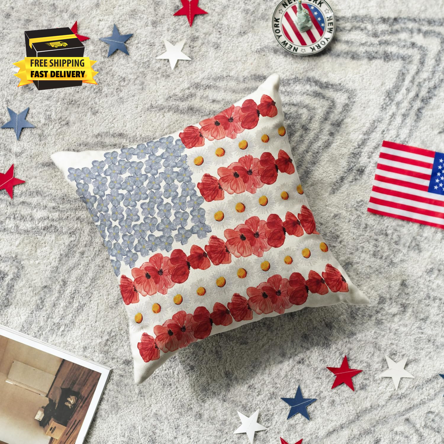 4Th of July Patriotic Independence Poppy Floral Throw Pillow Cover, 18 X 18 Inch