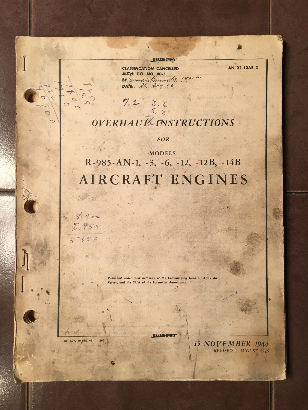 1944-1946 Pratt & Whitney Wasp Jr R-985-1/3/6/12/12B/14B Overhaul Manual