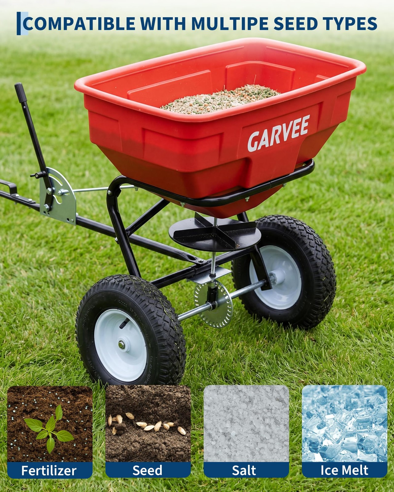 Tow Behind Broadcast Spreader, 125LBS, Universal Hooks Tow/Push Garden Spreader