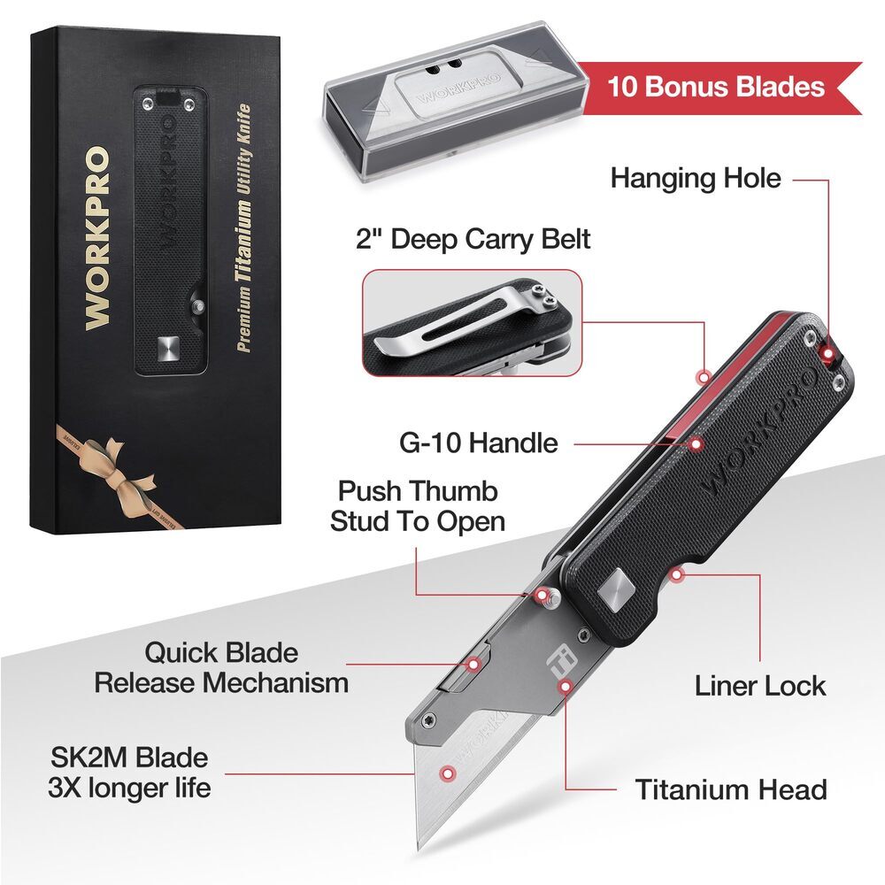 WORKPRO Titanium Folding Utility Knife CNC Unibody Box Cutter Quick Change Blade
