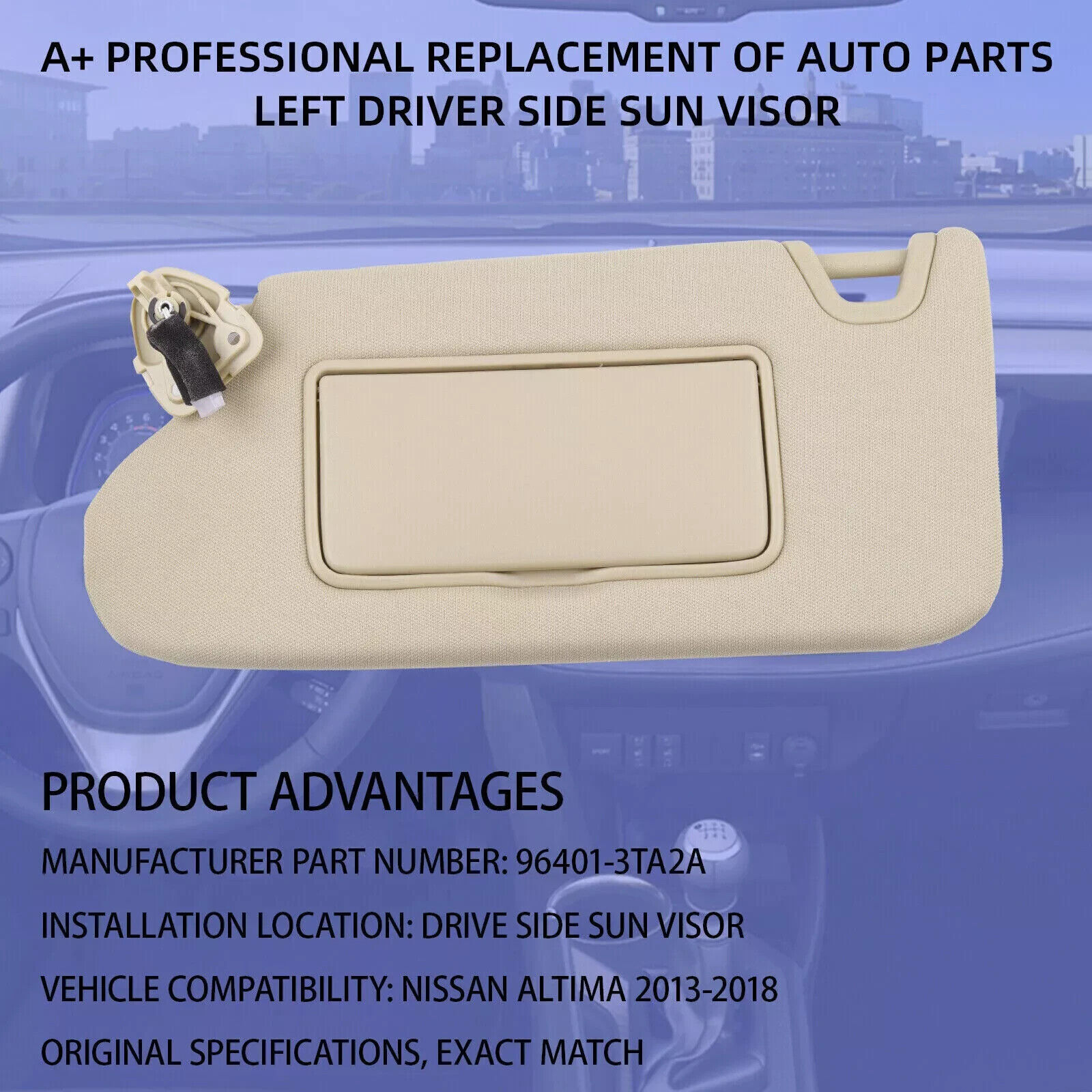 Beige Left Driver Side Sun Visor w/ Light For Nissan Altima 2013-2018 964013TA2A