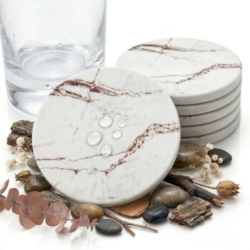 Premium Stone Coasters Set for Drinks – 6 Round Marble Style Absorbent