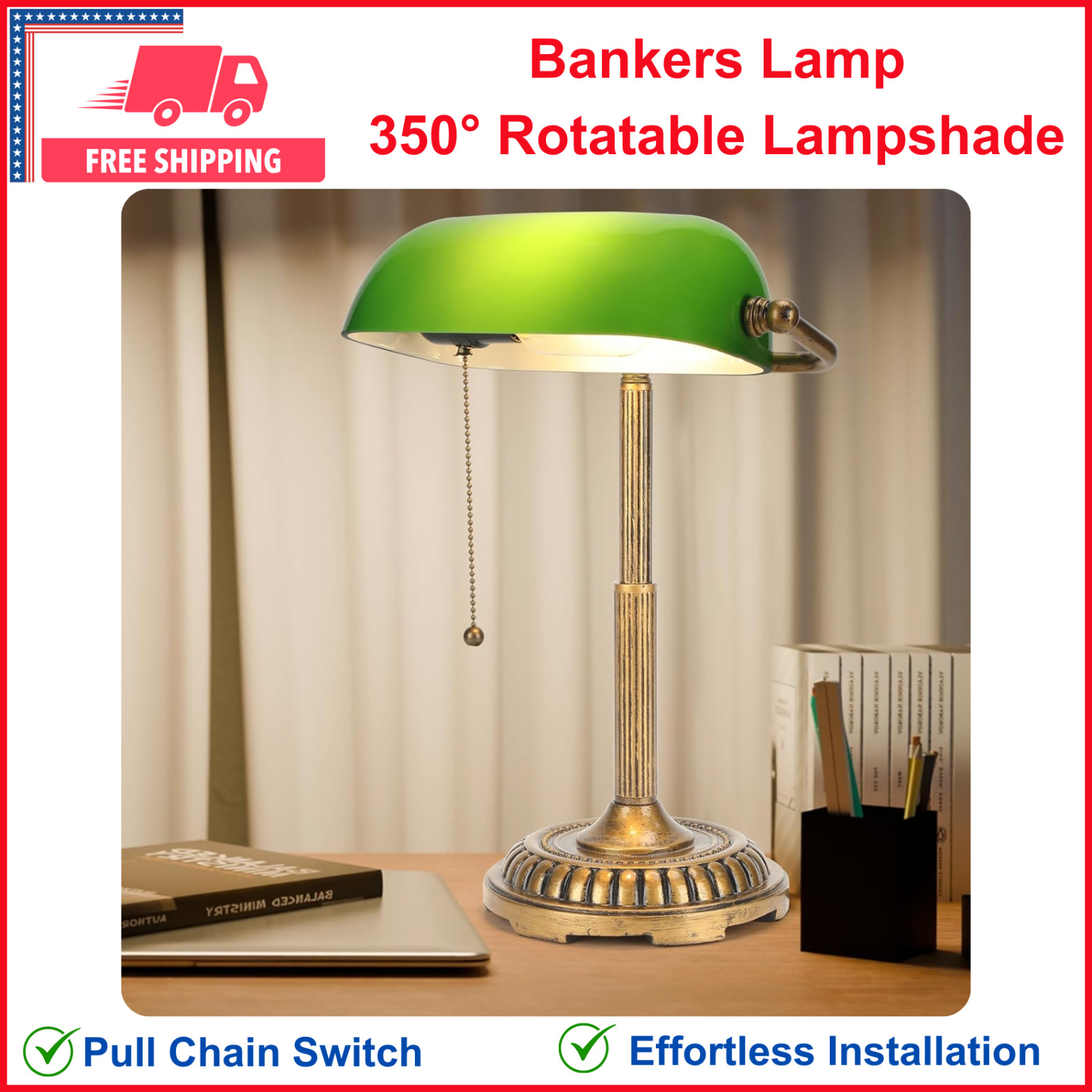 Bankers Lamp, Green Desk Lamp w Pull Switch, Vintage Table Lamps for Home Office